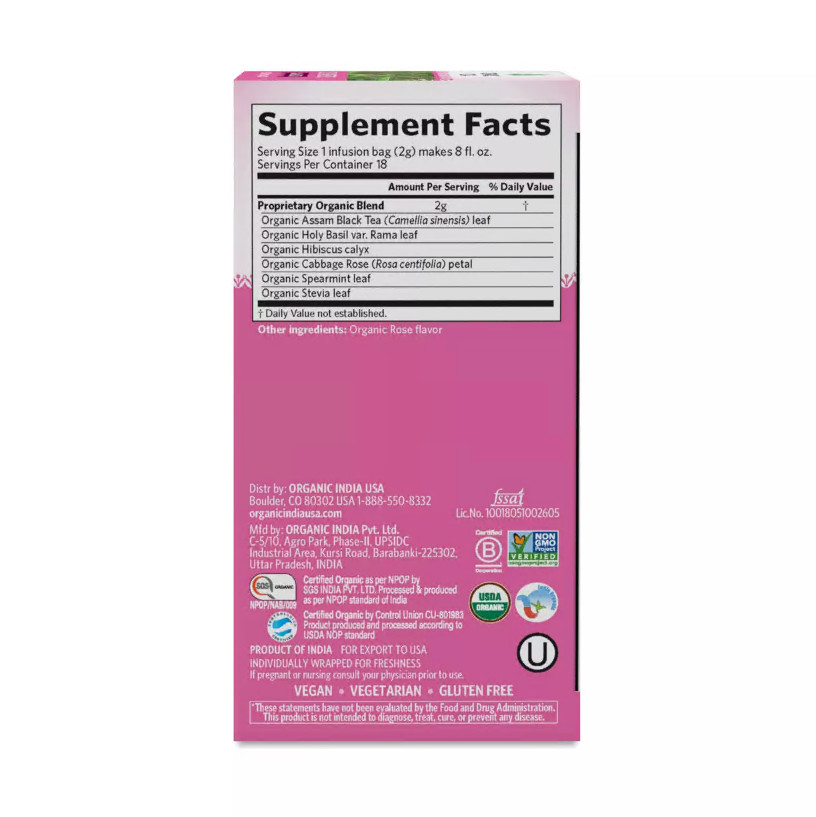 Organic India Tulsi Sweet Rose Assam Black Tea 18 count (pack of 3)