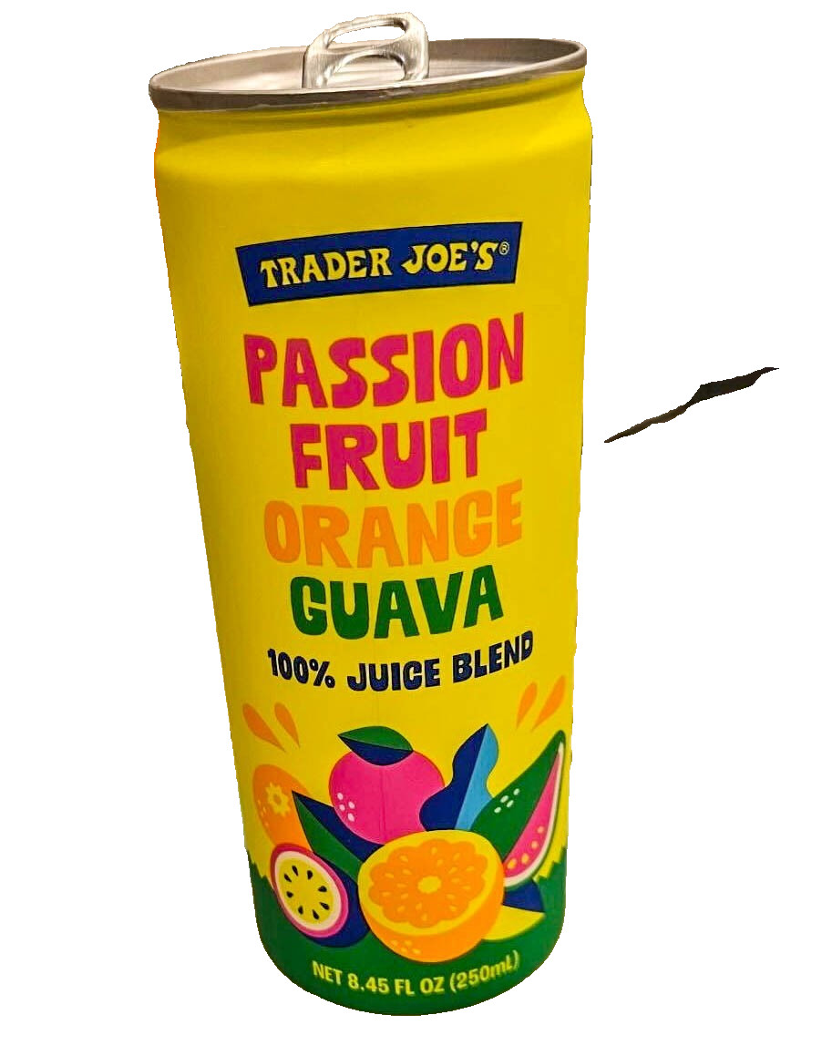 2-TRADER JOE’S PASSION FRUIT ORANGE GUAVA 100% JUICE BLEND 4 – 8.45 fl oz Can