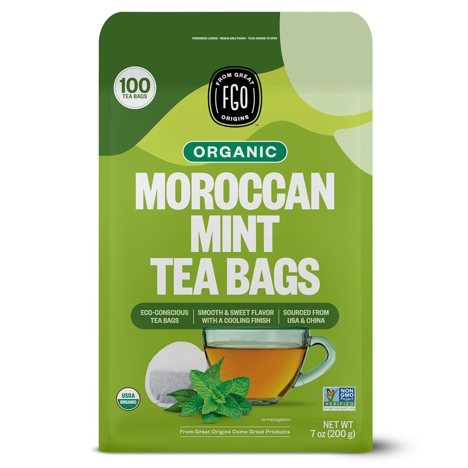 Organic Mint Green Tea Bags – 100 Count, Convenient Resealable Kraft Packaging