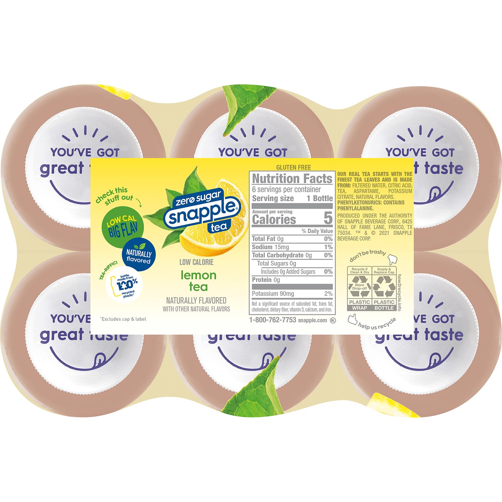Snapple Diet Lemon Tea, 16 fl oz recycled plastic bottle, 6 pack