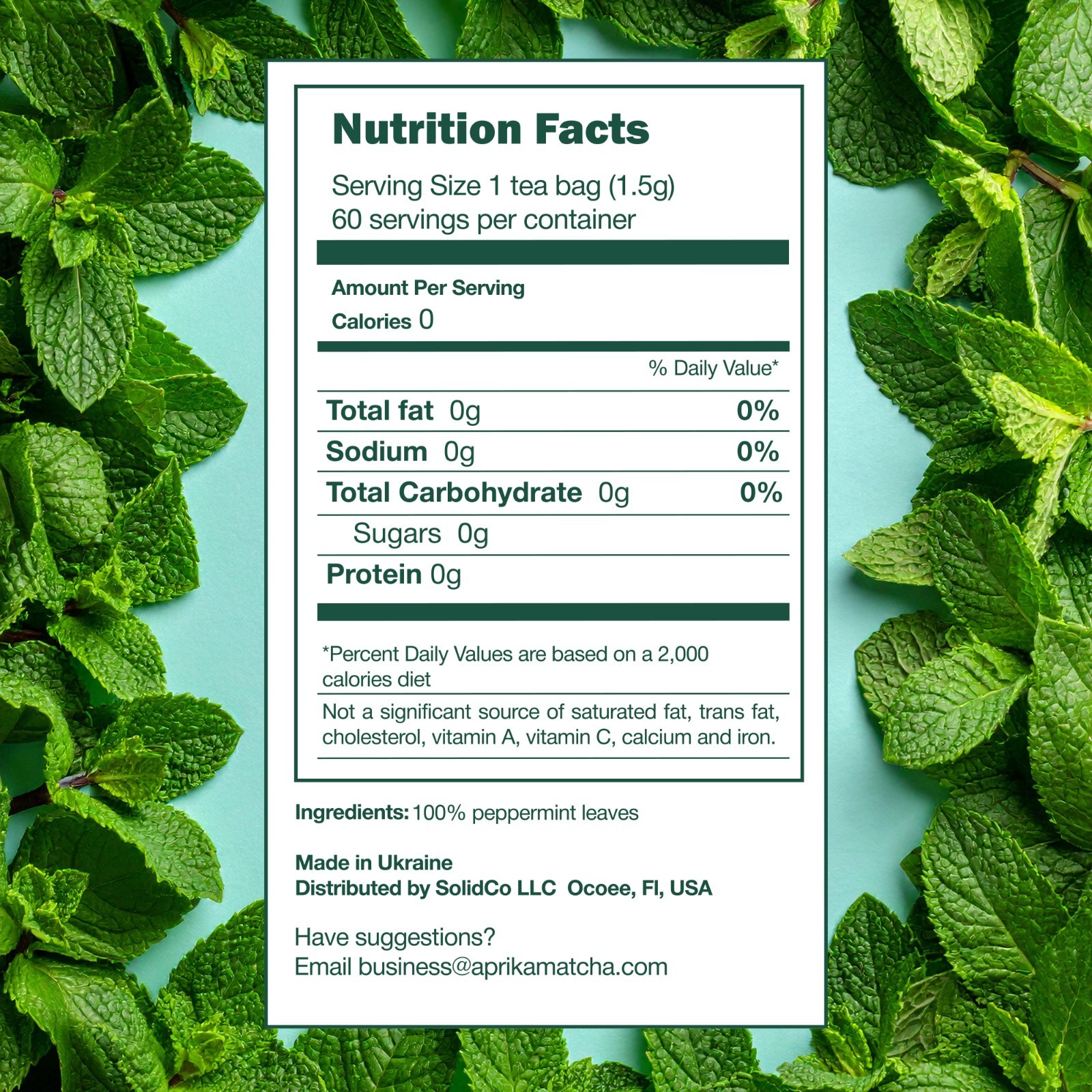 Pure Peppermint Tea – no stems, 100% Natural Herbal Tea, 60 bags, USA seller!