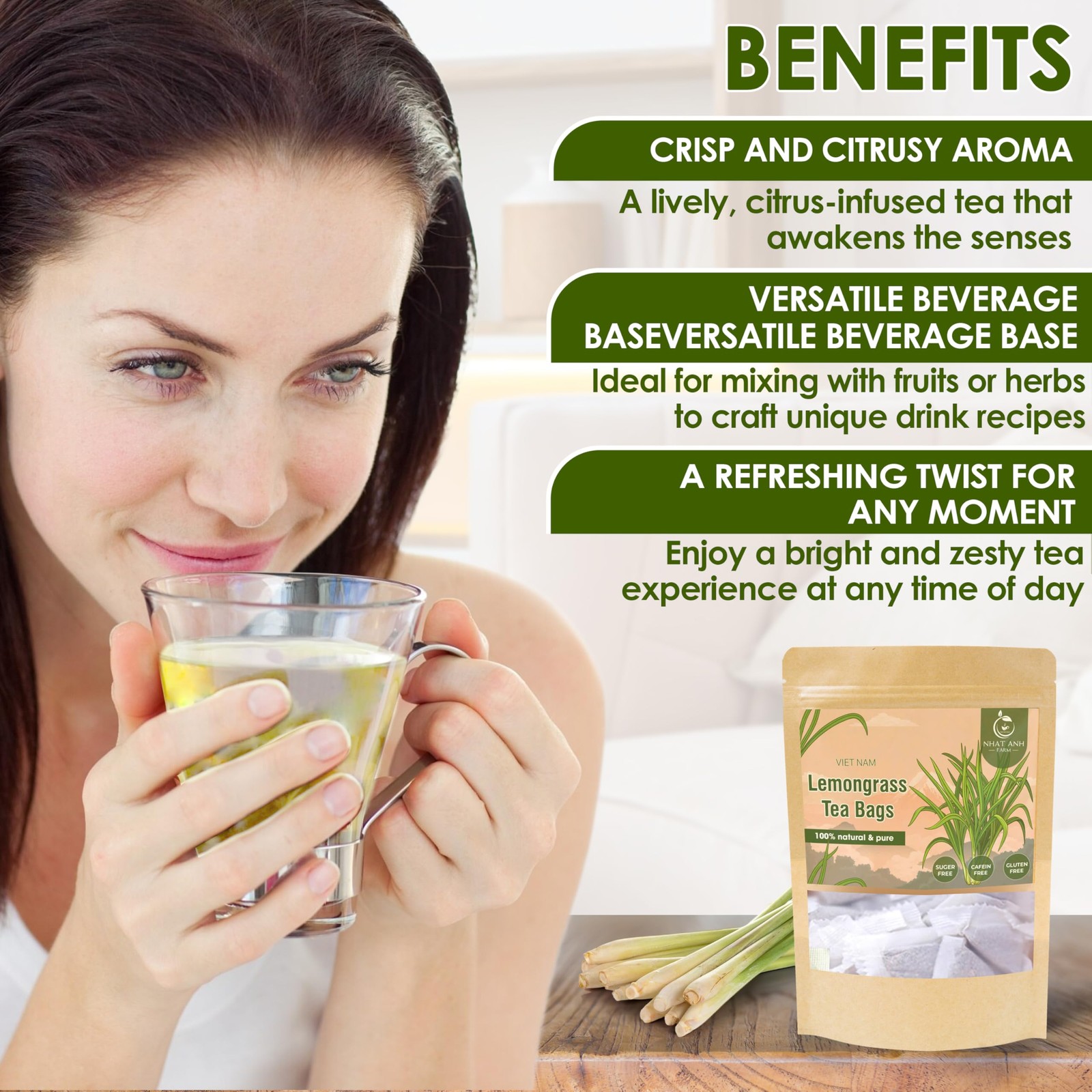 Premium Lemongrass Tea Bags – 40 Count, 100 Natural, Sugar-Free, Caffeine-Free