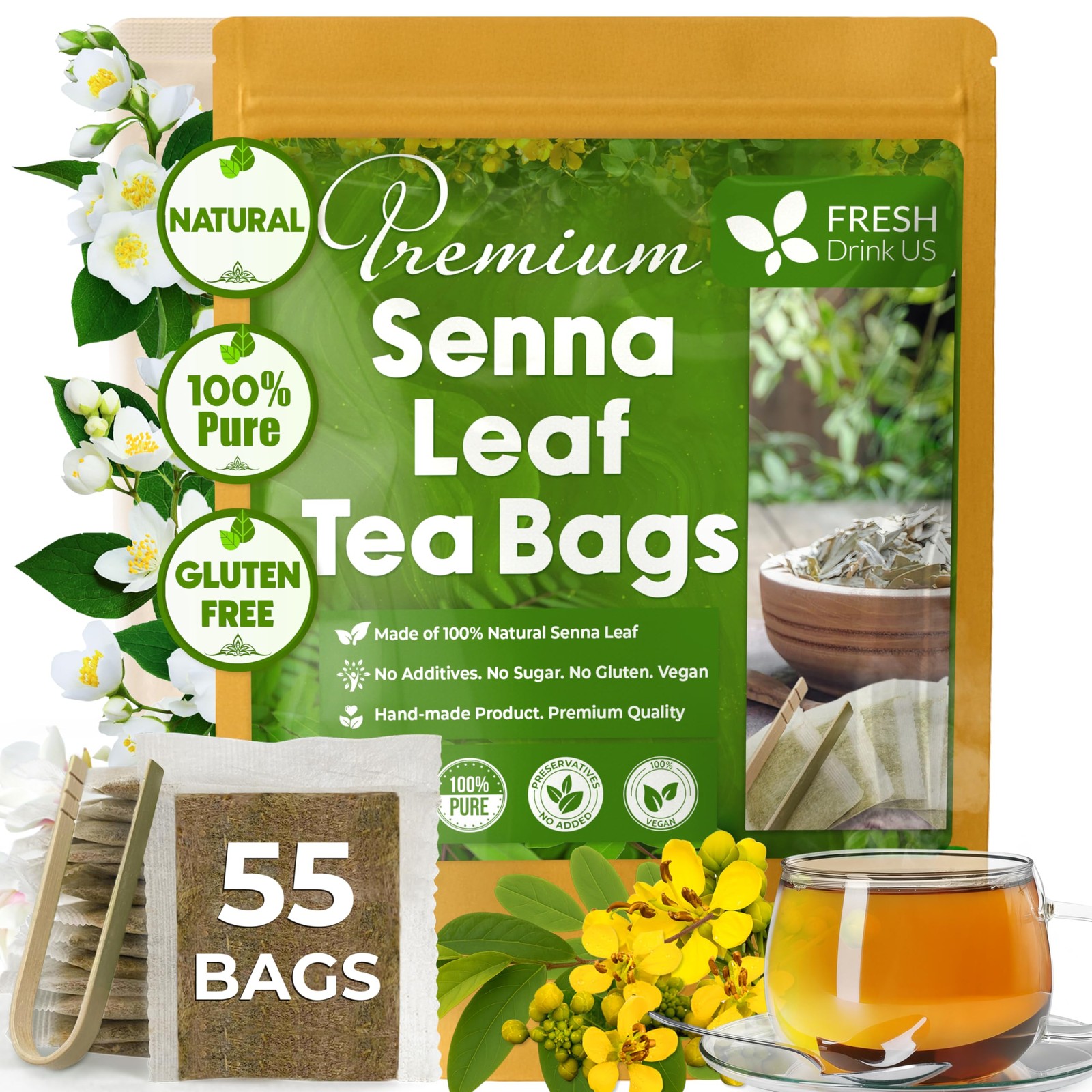 FreshDrinkUS, Premium 55 Senna Leaf Tea Bags, 100% Natural & Pure 55 Bags