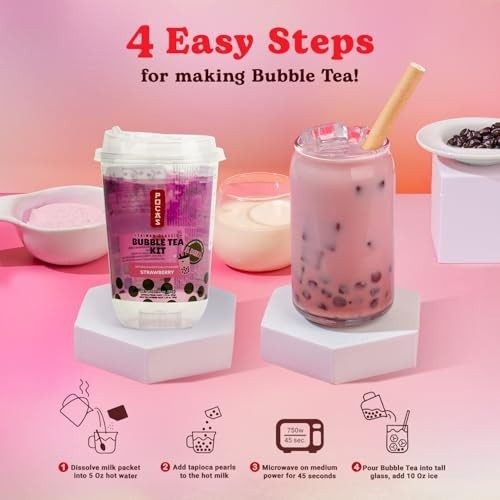 Strawberry Bubble Tea Kit 2-Pack – Instant Milk Tea Powder & Tapioca Pearls, 10