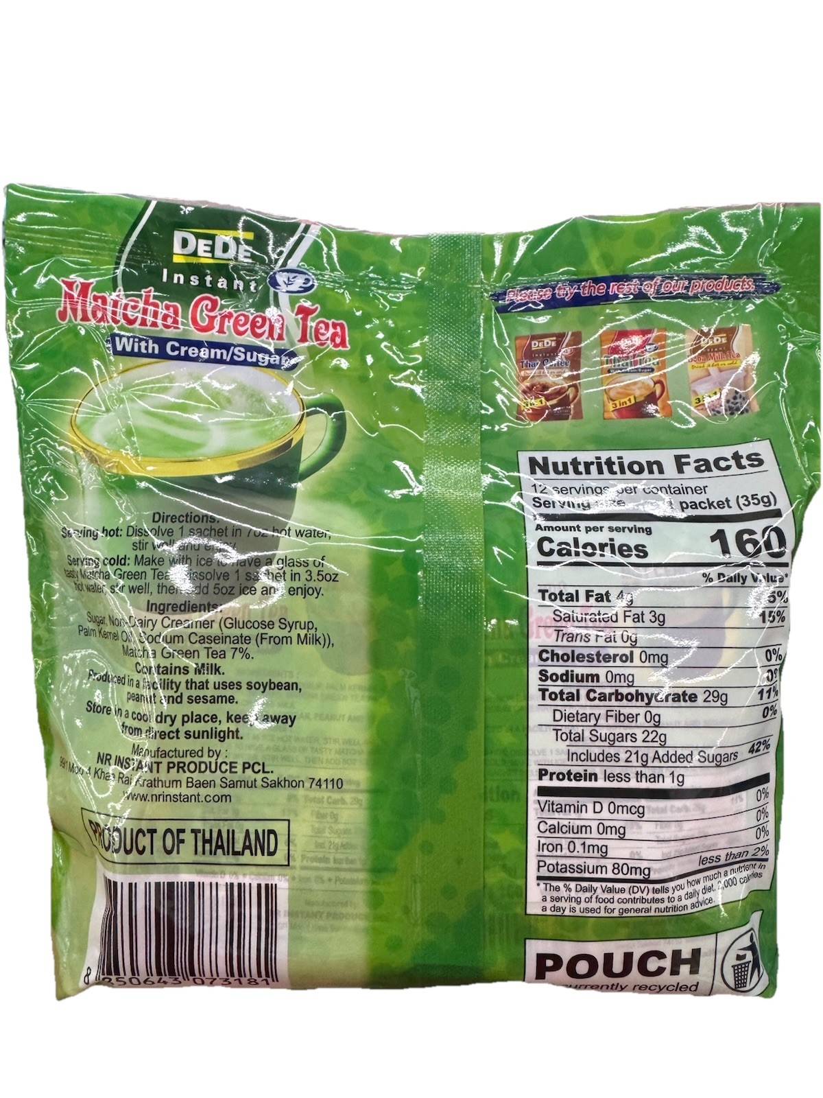 2 PACK DEDE 3 IN 1 INSTANT MATCHA GREEN TEA WITH CREAM SUGAR