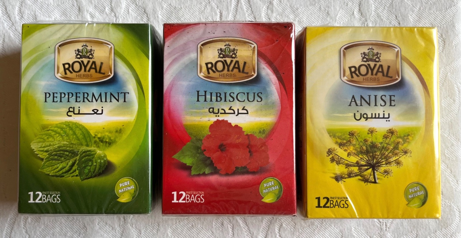 3 Packs ROYAL herbal teabags 12 ct anise 12 ct hibiscus 12 ct Mint