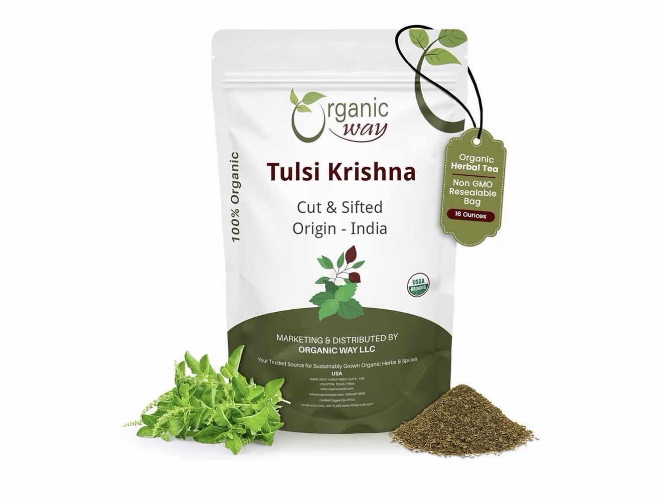 Organic Way Tulsi Krishna Tulsi Herbal Tea Loose Leaf 16 oz USDA Organic Vegan
