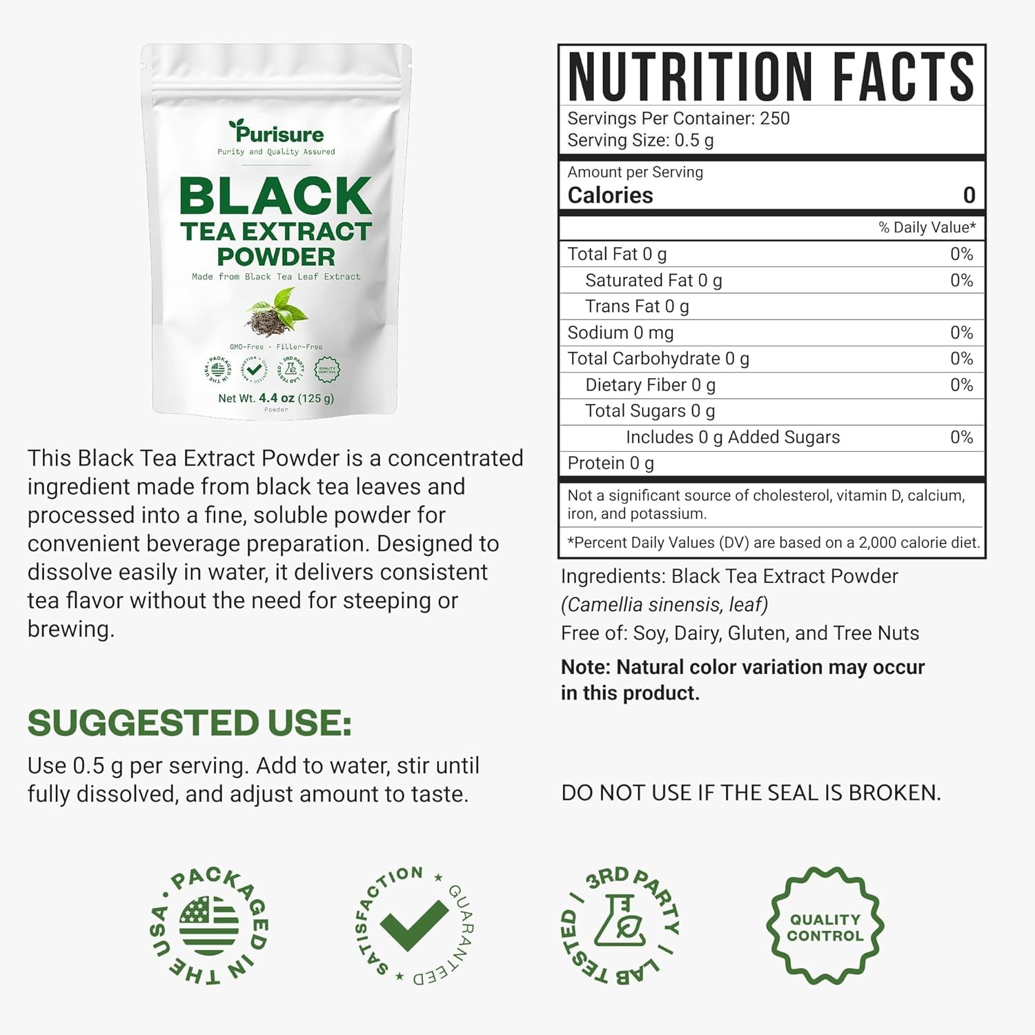 Purisure Instant Black Tea Powder 125g, No Added Sugar Dissolves Easily 125 Uses