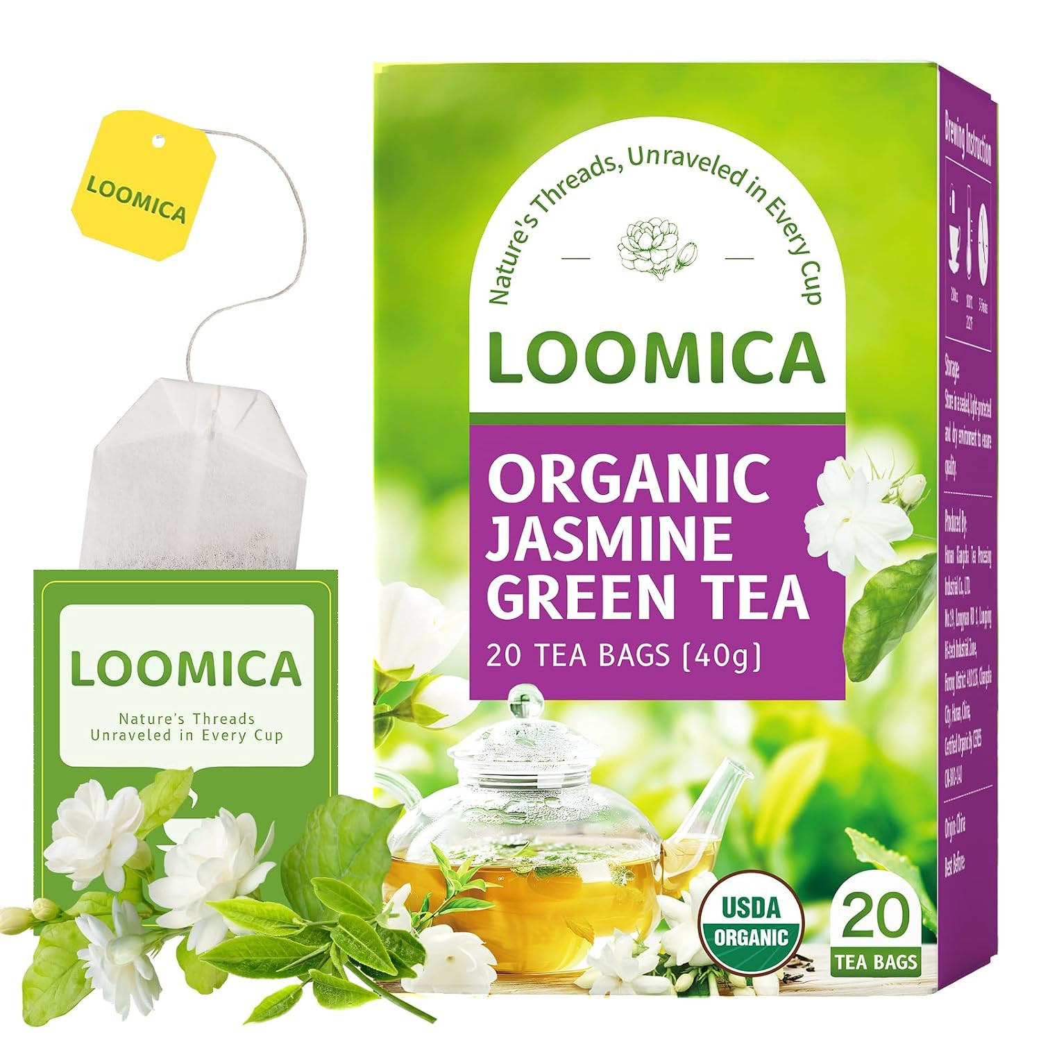 Organic Jasmine Green Tea Bags, Organic Green Tea with Jasmine Flowers, Refreshi
