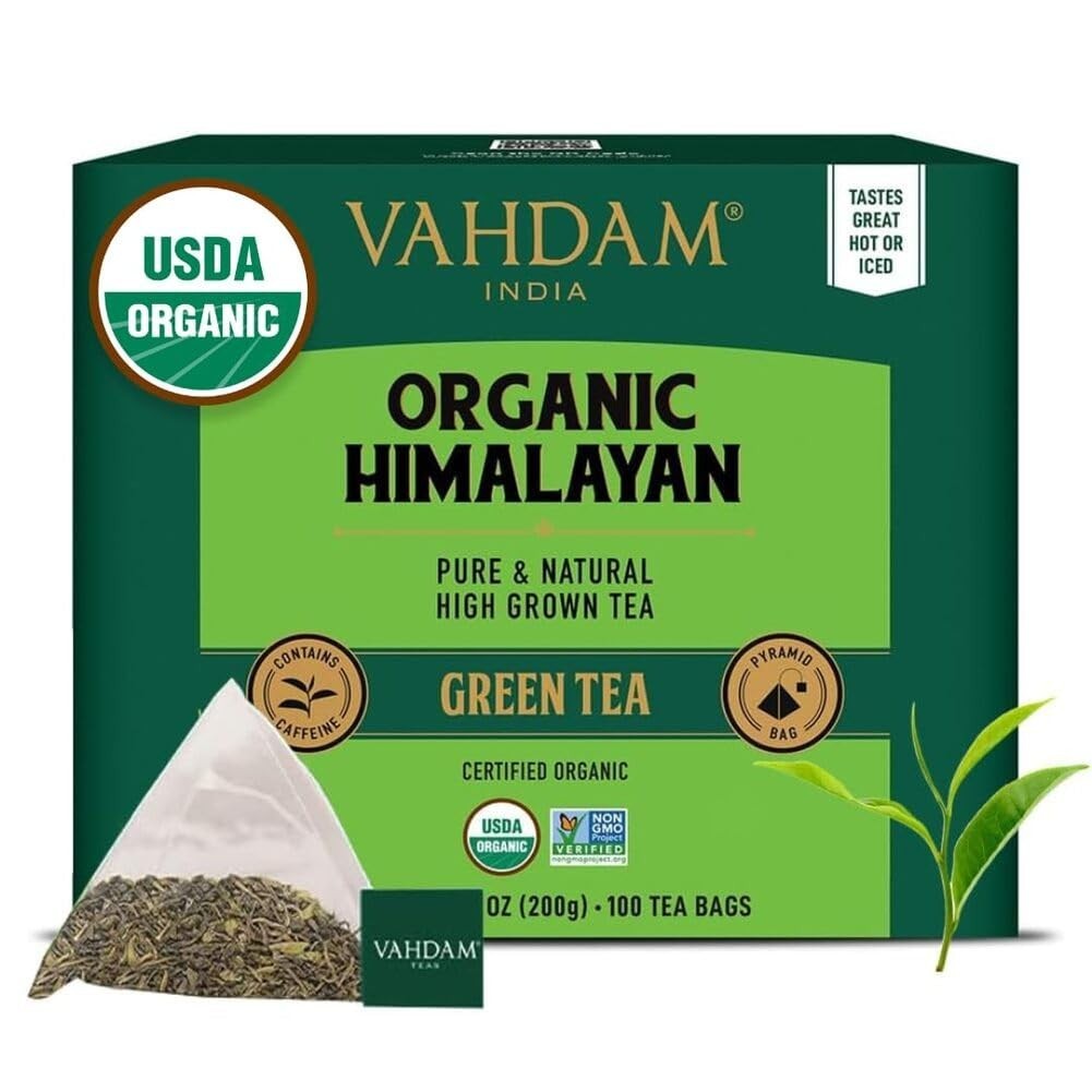 USDA Organic Himalayan Green Tea – 100 Count Pyramid Tea Bags, Low Caffeine
