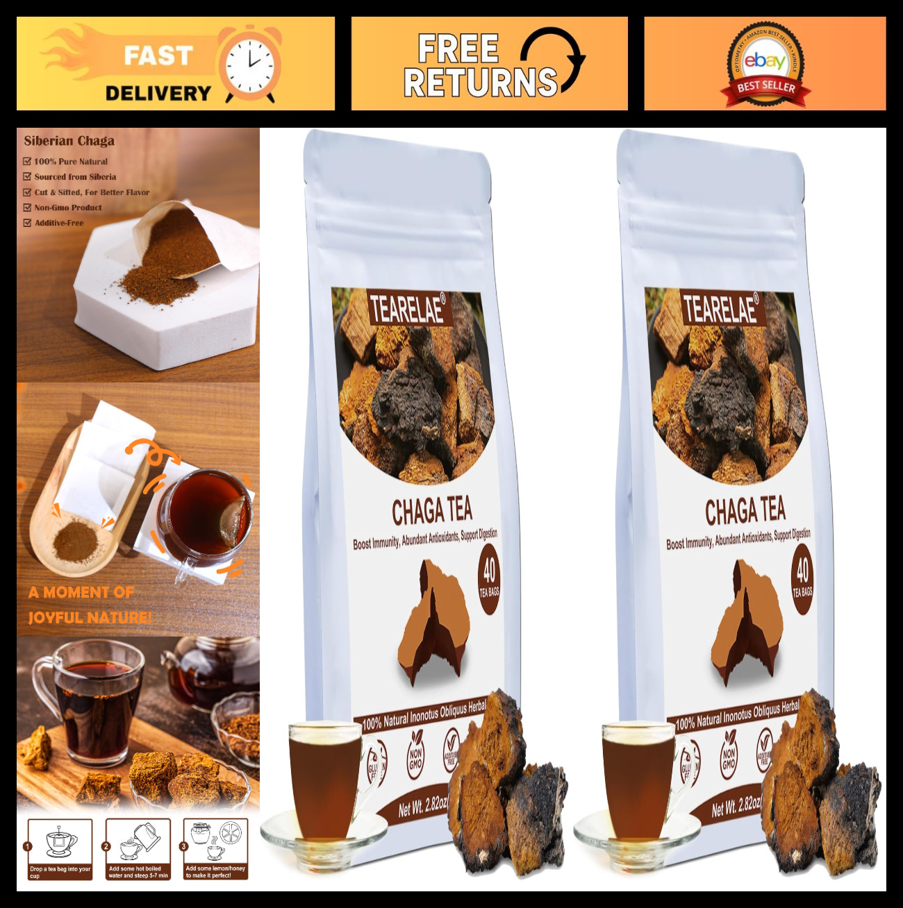 Chaga Mushroom Tea Bags – 100% Pure, Wild Harvested, Caffeine-Free, Non-GMO – 80