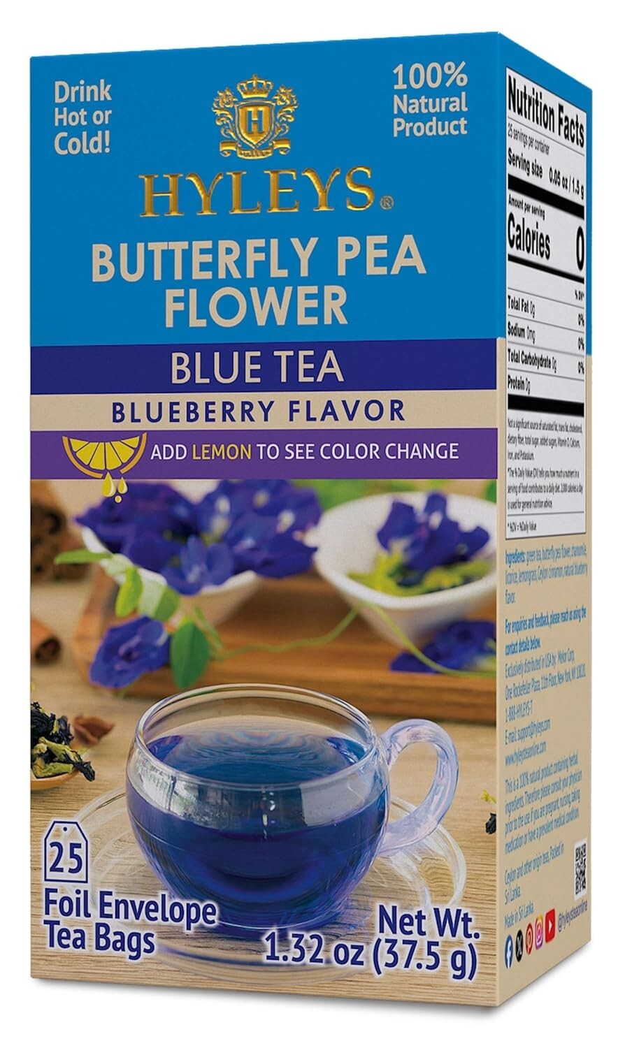 Hyleys Butterfly Pea Flower Tea – Blue Tea with Natural Blueberry Flavor – 25 TB