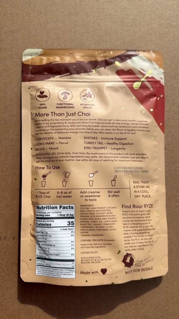 (1) RŸZE Mushroom Chai With 6 Adaptogenic Mushrooms Beverage Powder With Spoon