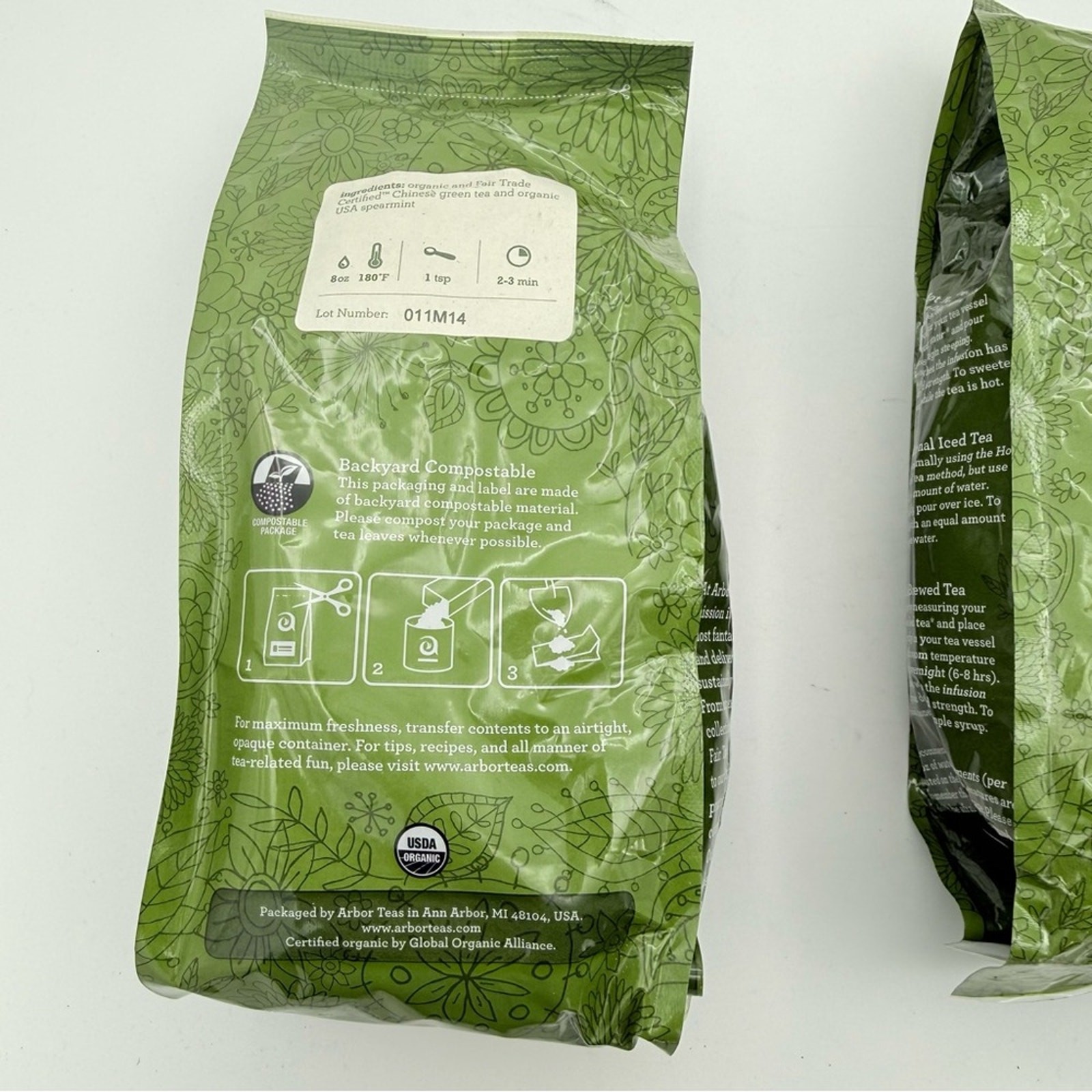 Arbor teas Organic 2 pack Chocolate dark tea 12oz & Moroccan mint green Tea 8oz