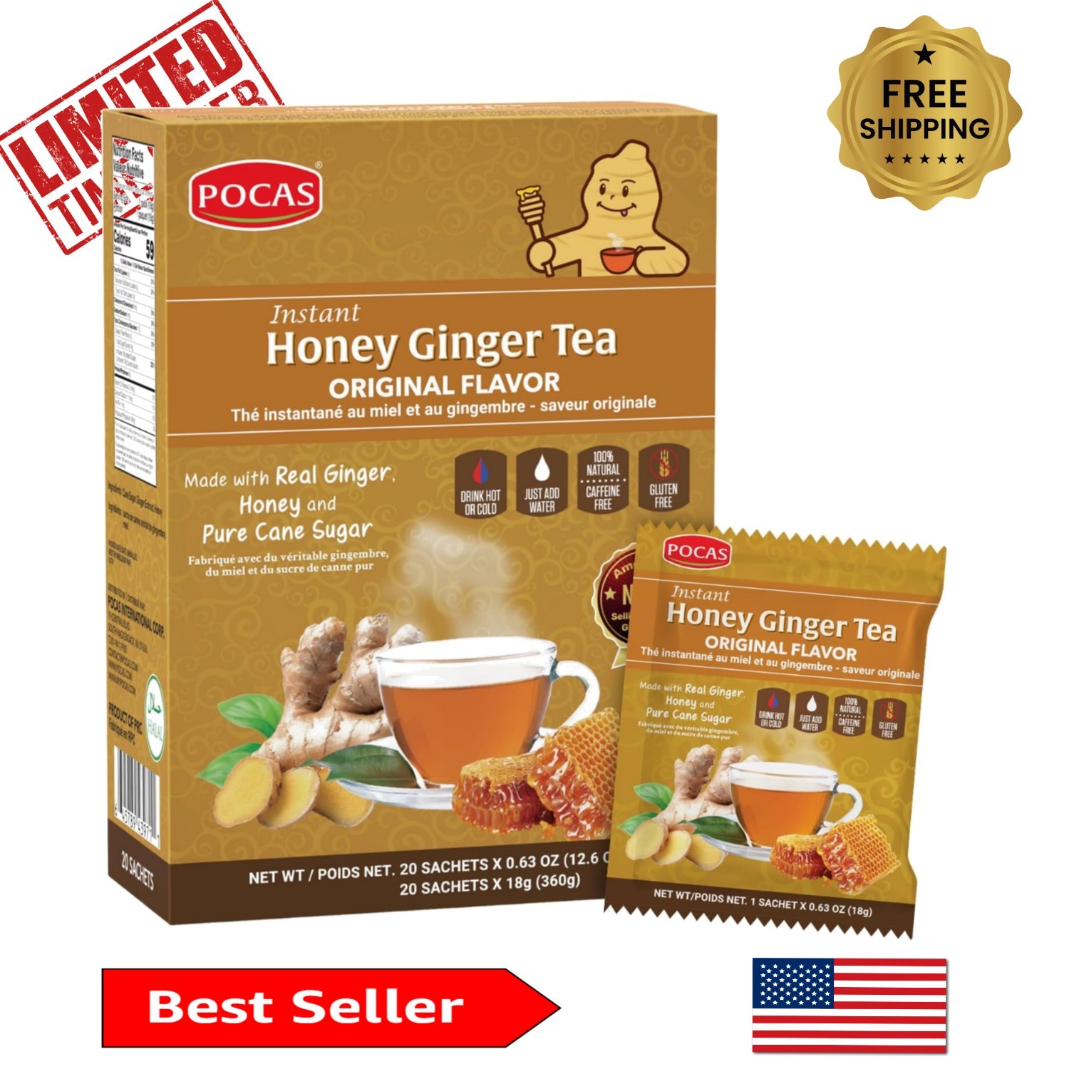 Comforting Honey Ginger Tea – Instant Powder with Soursop, 20 Pack, Gluten Free