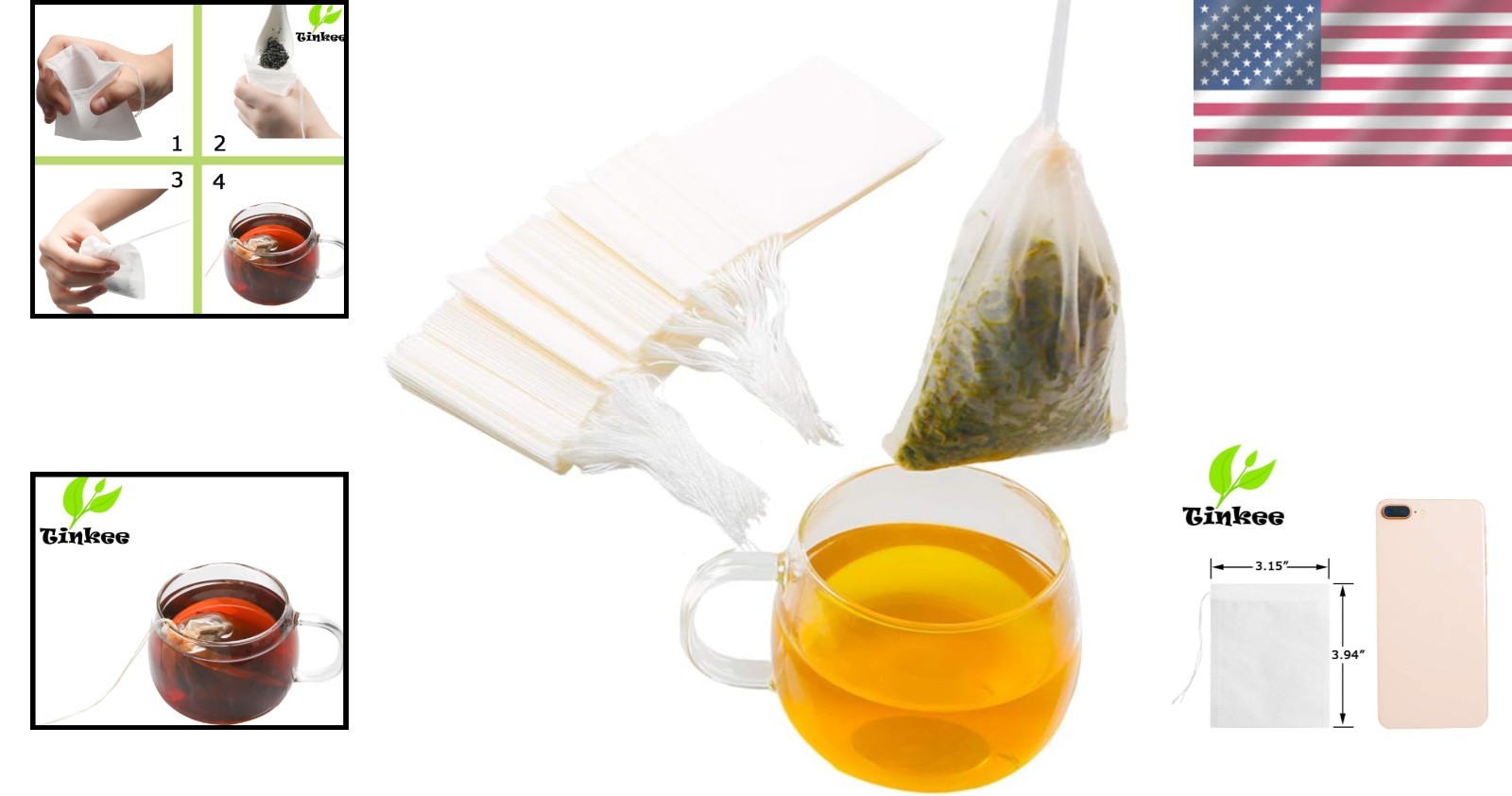 Tea Filter Bags Set of 100 Disposable Tea Infusers Natural Wood Pulp White