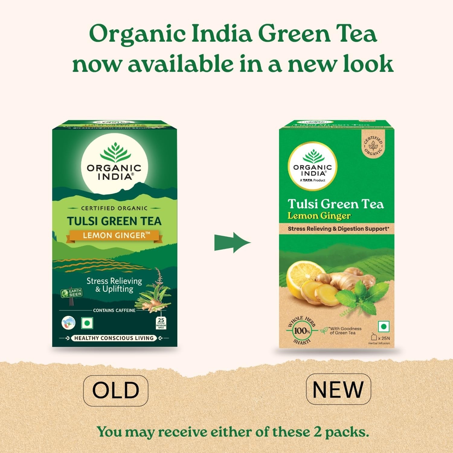 Organic India Tulsi Green Tea Lemon Ginger 25 Bags Herbal Blend