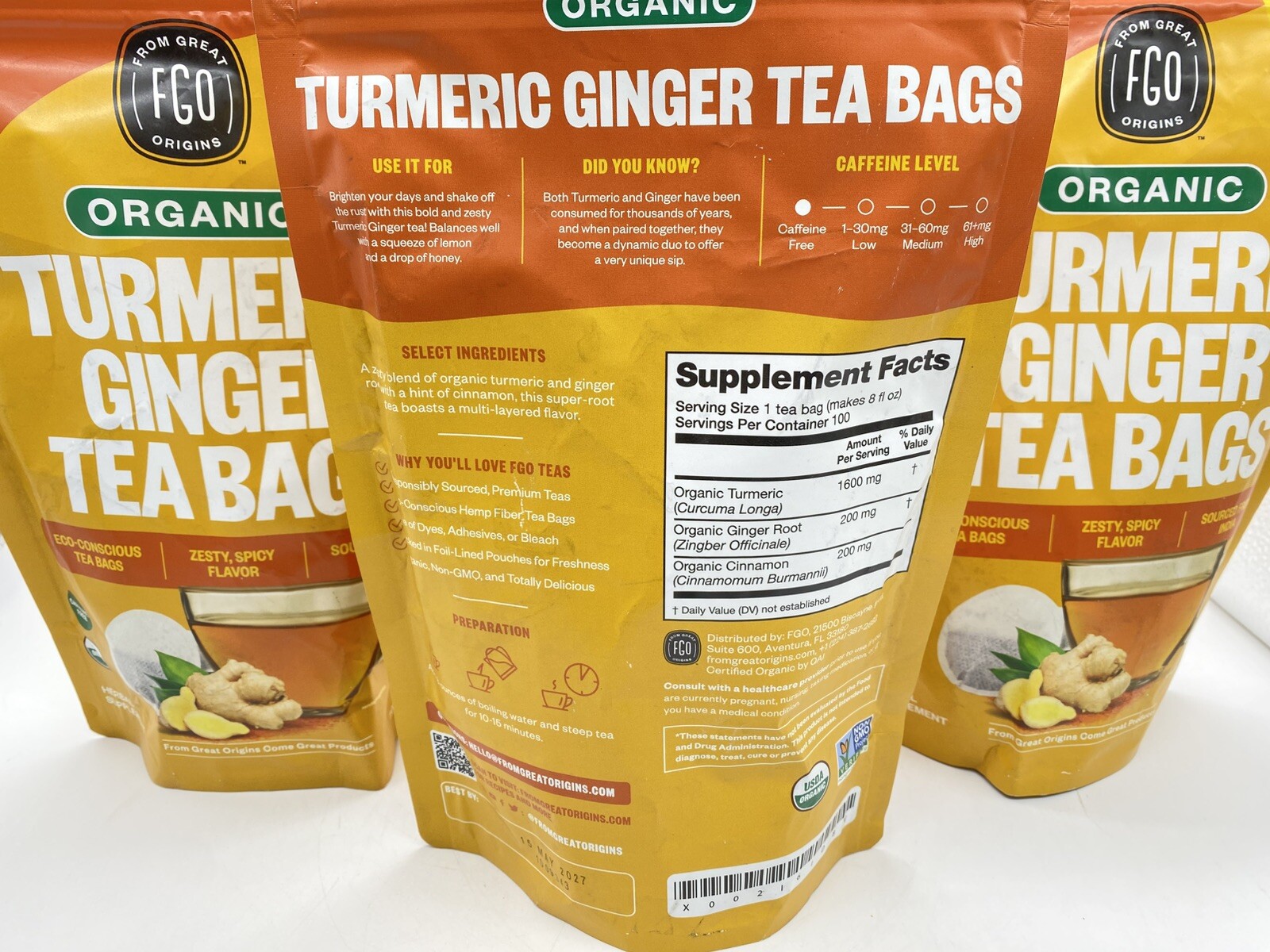 Organic Turmeric Ginger Tea – Eco-Conscious Tea Bags – 3 Pk. – 100 Count Each