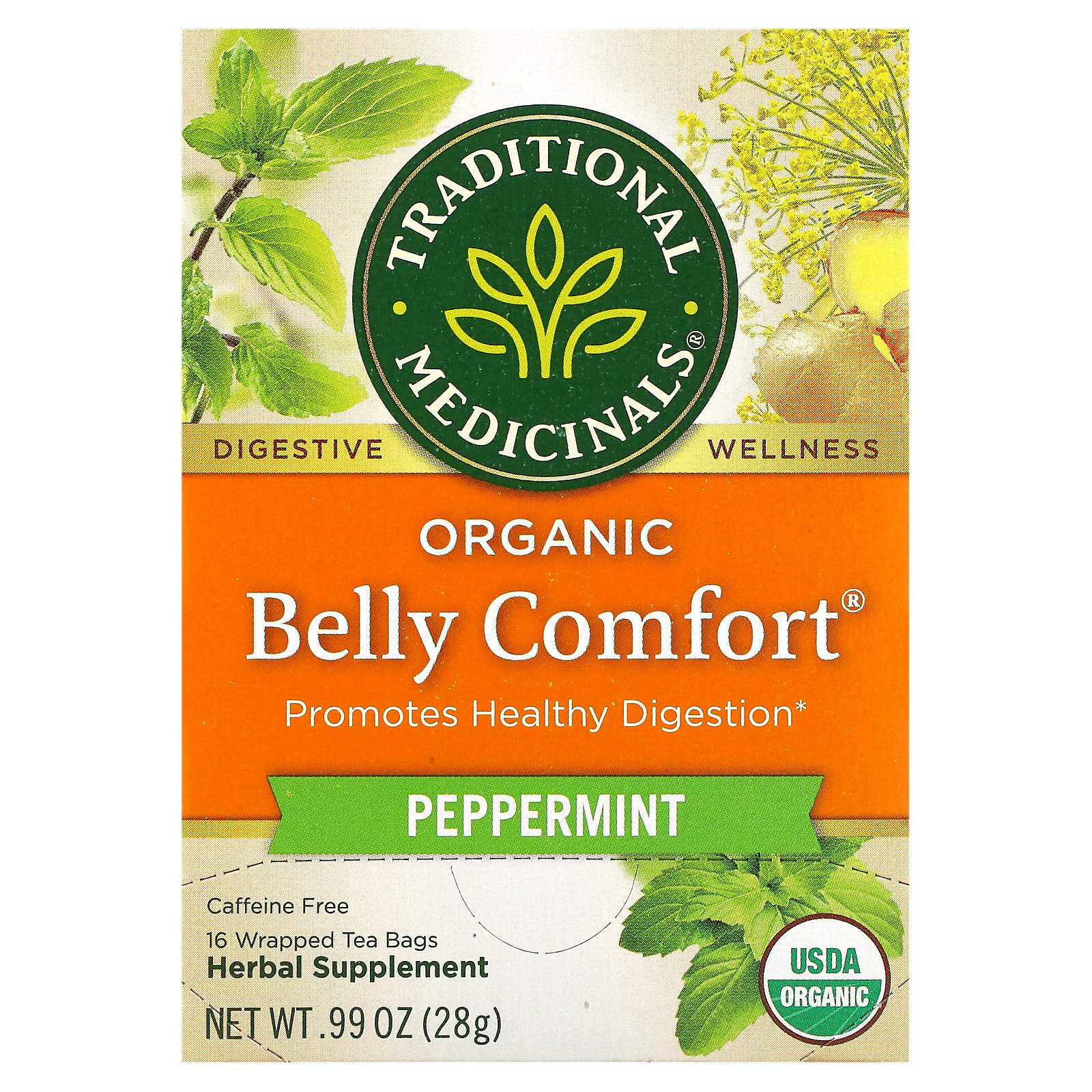 Organic Belly Comfort, Peppermint, Caffeine Free, 16 Wrapped Tea Bags, 0.99 oz