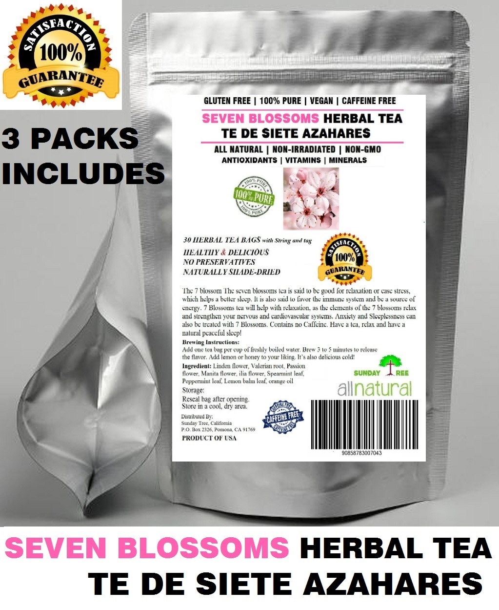 90 Tea Bags SEVEN BLOSSOMS HERBAL TEA – TE DE SIETE AZAHARES,Resealable Pouch