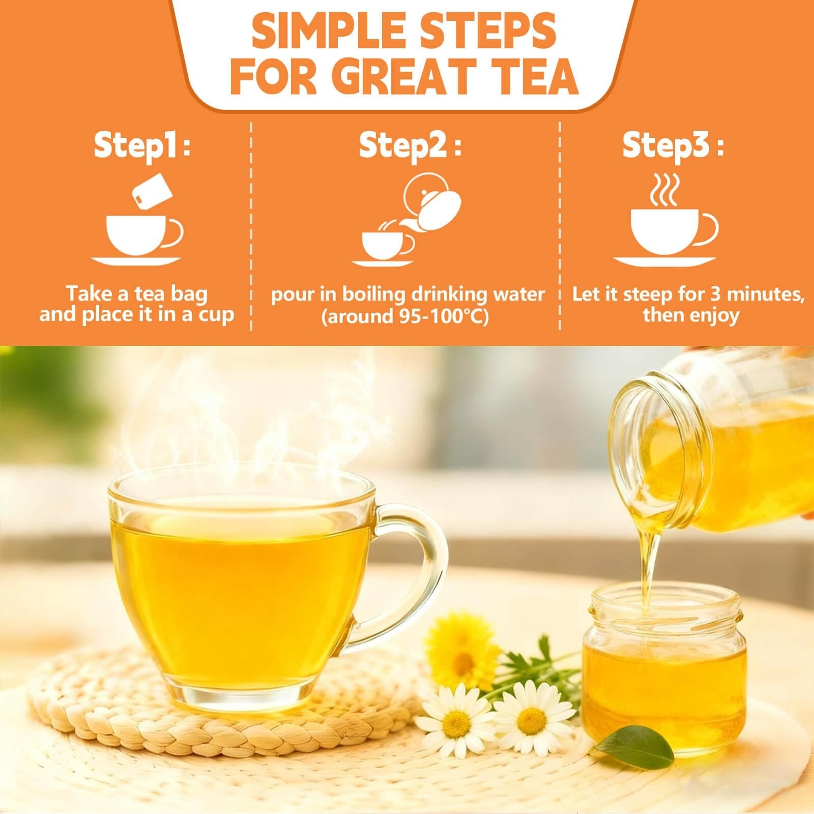 Natural Chamomile Tea Bags – 180 Count, Caffeine-Free, Digestive Aid, Vegan, Eco