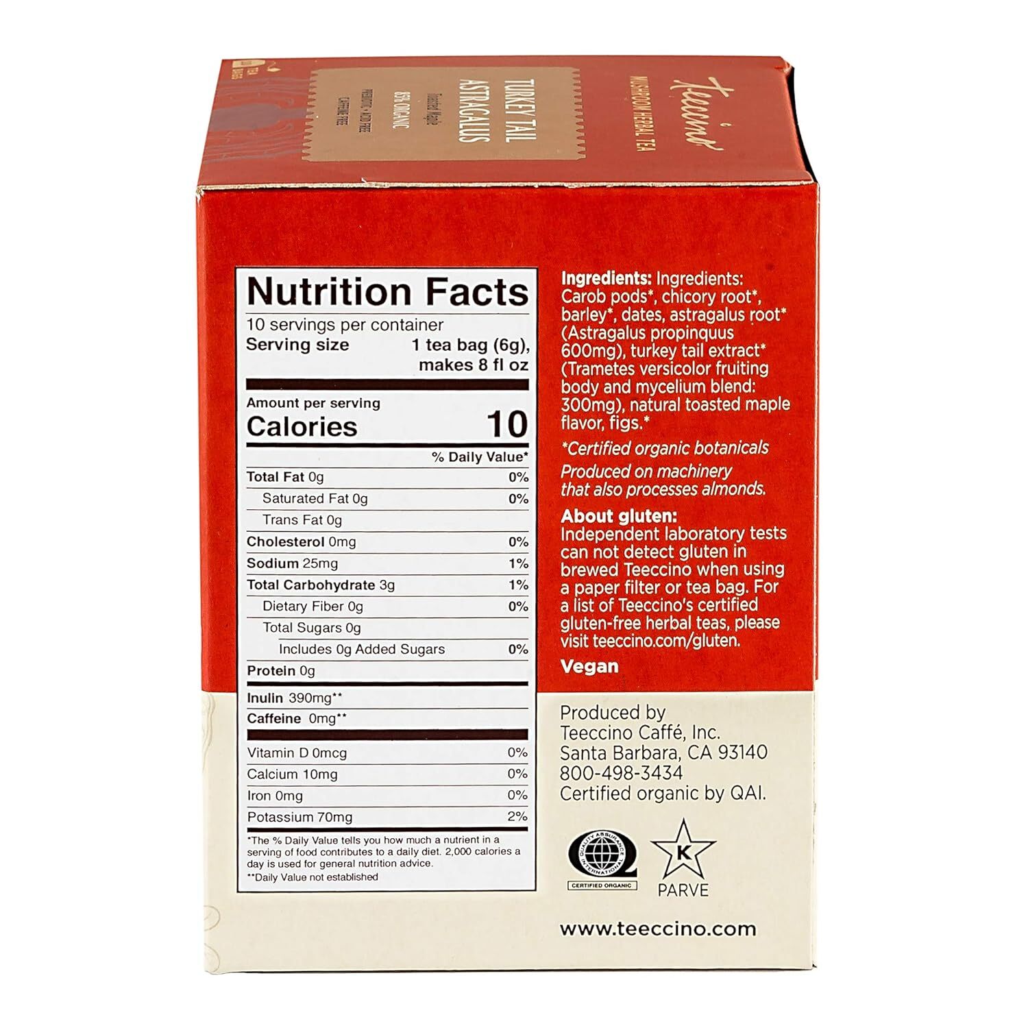 Teeccino Turkey Tail Astrgalus Mushroom Herbal Tea 10 Bag