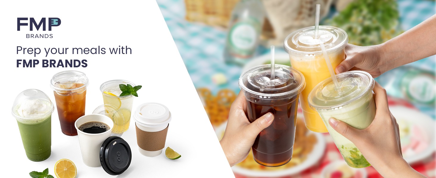100 Pack 16 oz Plastic Iced Coffee Cups with Flat Lids and Black Straws,