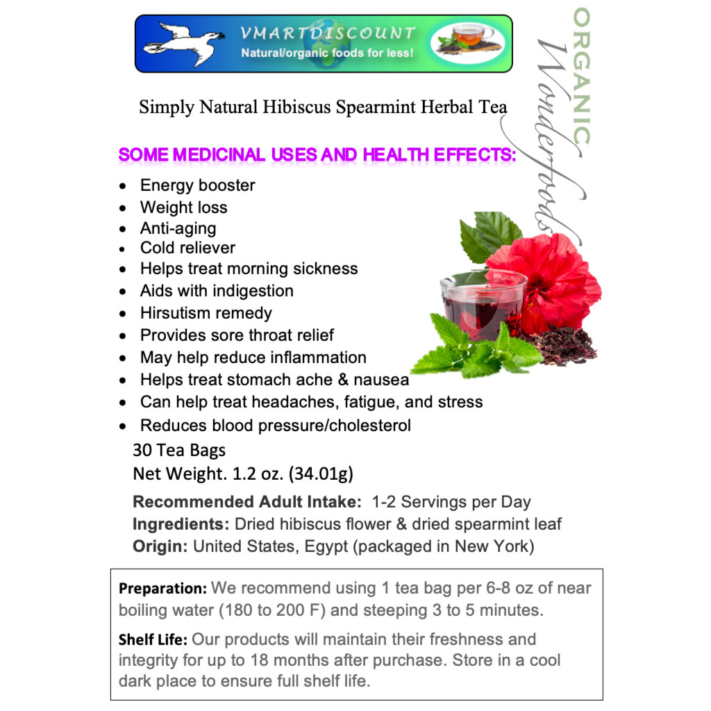 Hibiscus Spearmint Herbal Tea, 30 Premium Tea Bags, All Natural Herbal Tea