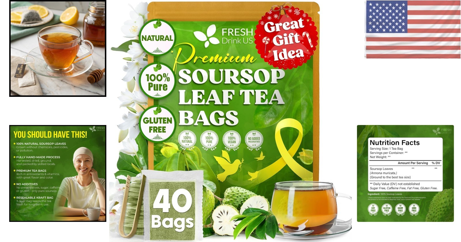 Handmade Caffeine-Free Soursop Tea Bags – 40 Count, for Stress Relief & Wellness