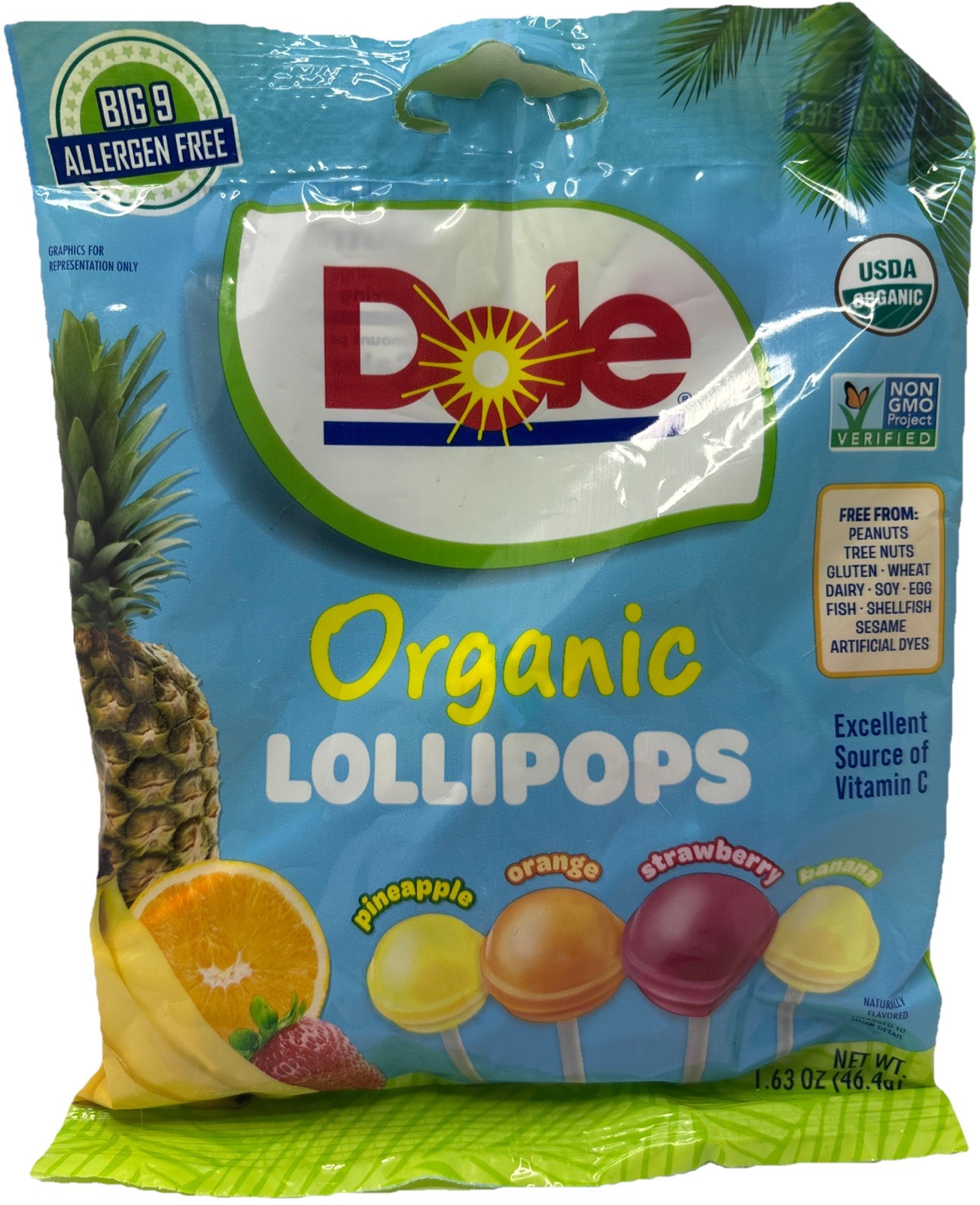 Dole Lollipops—Big 9 Allergens Free—4 Assorted Flavors Kid—NEW—SHIPS IN 24 HOURS