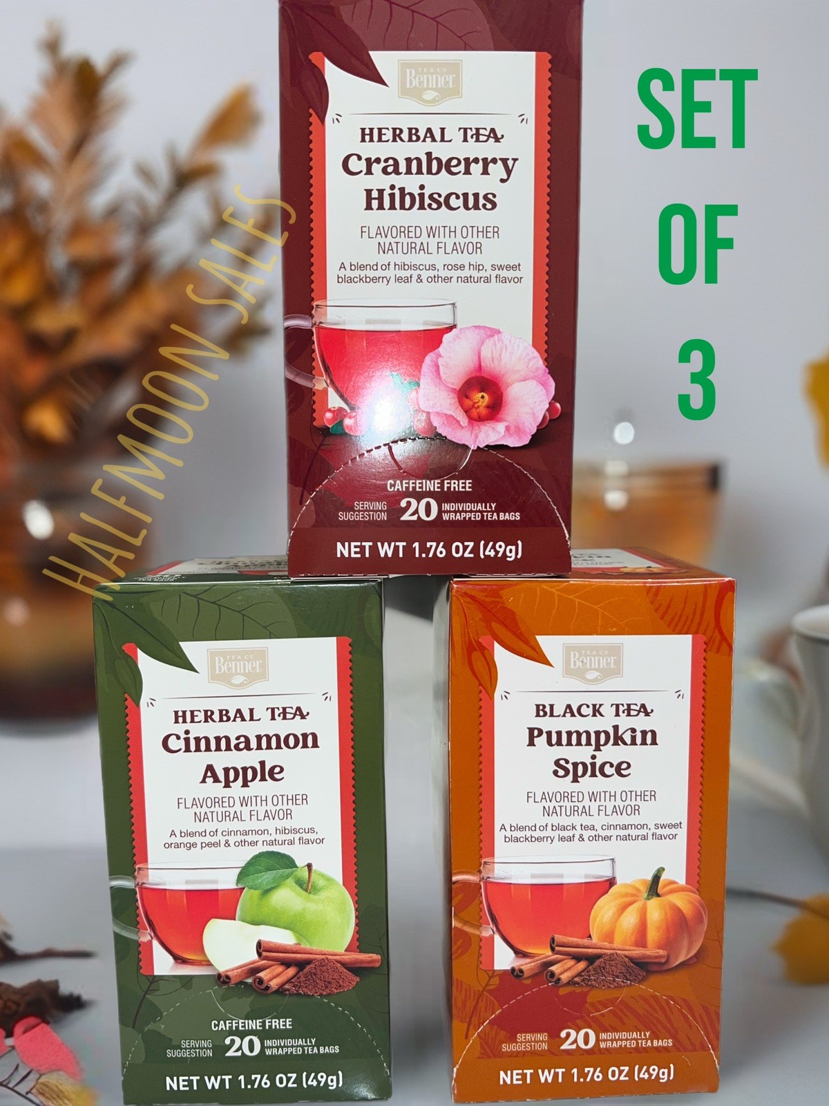 Benner Fall Tea Variety -X3. Pumpkin Spice, Cinnamon Apple, Cranberry Hibiscus