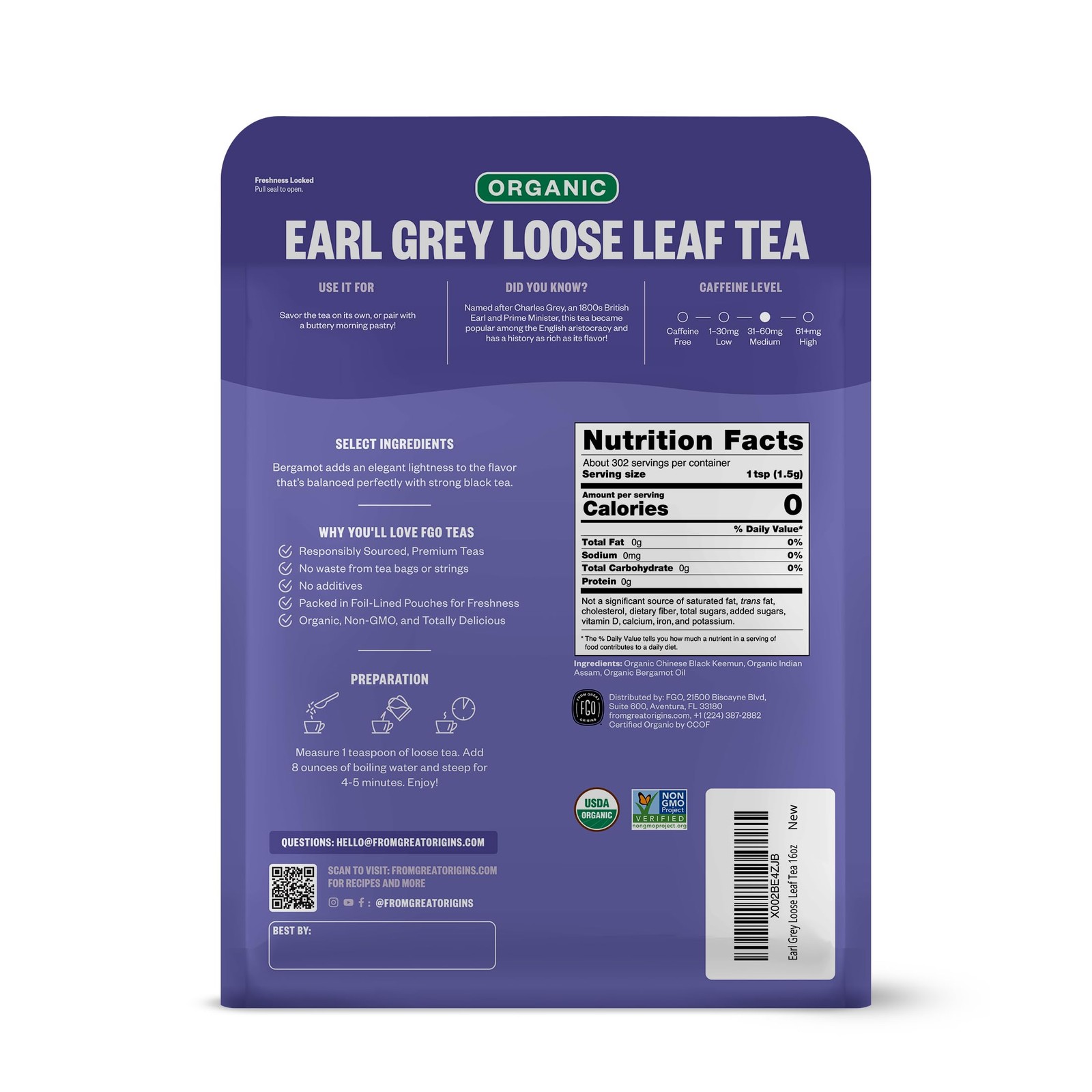 FGO Organic Earl Grey Black Tea, 16 Ounce Loose Leaf Bulk 1 Pound (Pack of 1)