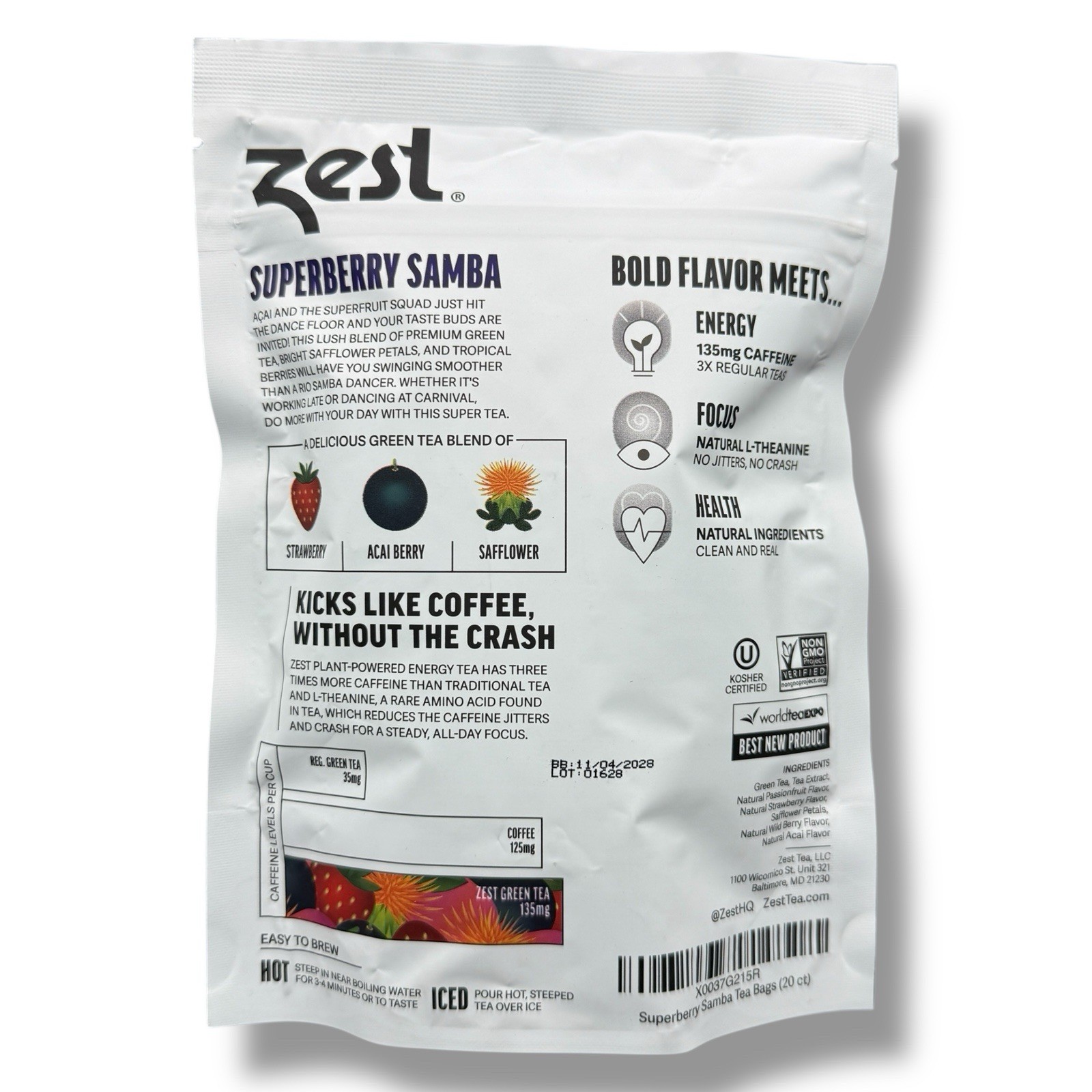 Zest Energy Superberry Samba Green Tea 20 Bags 135mg Caffeine Keto Friendly