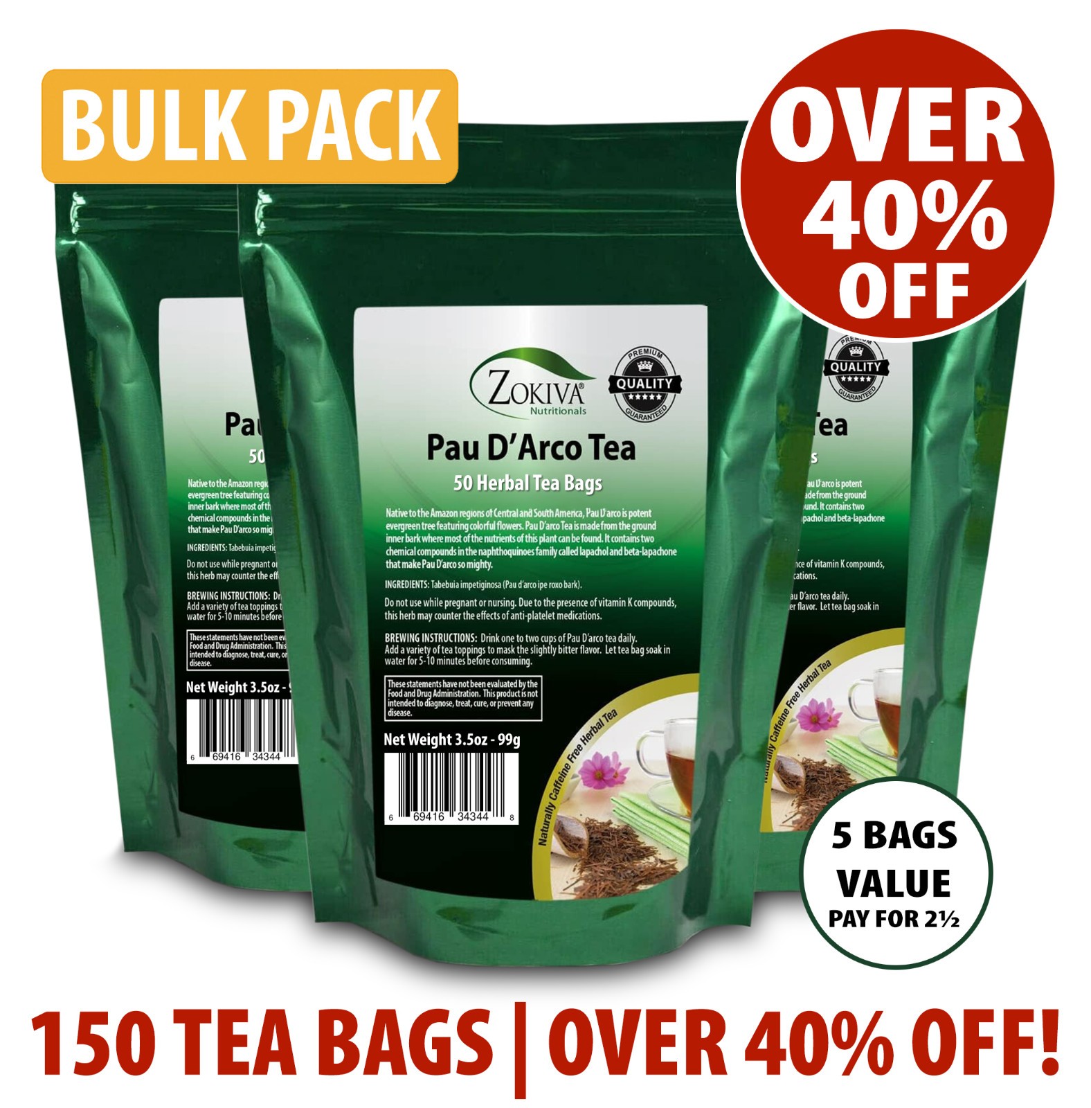 Zokiva Pau D’Arco Tea 3-Pack (150 Bags) | Herbal Detox Caffeine-Free Bulk Value