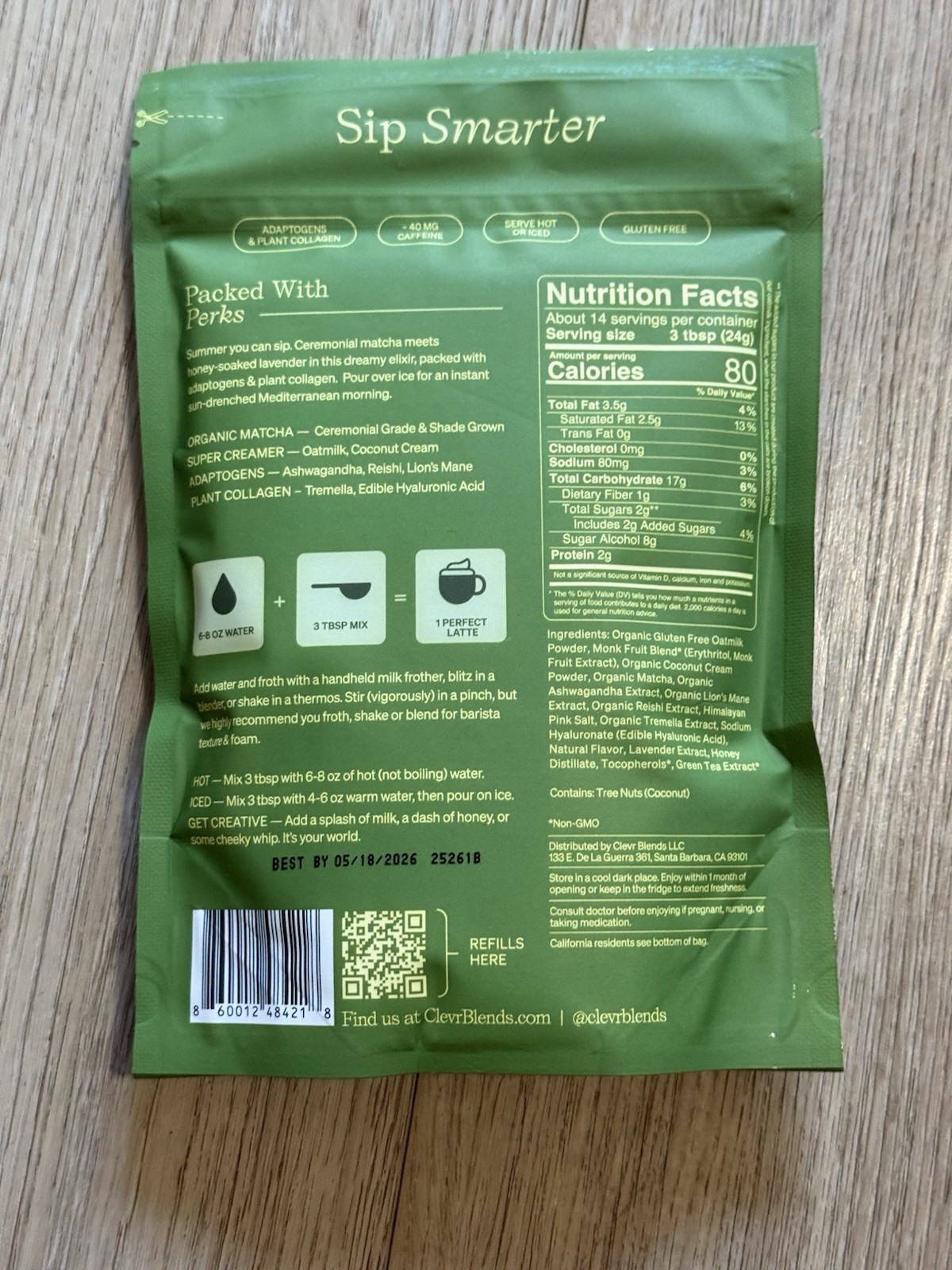 3x Clevr OatMilk Latte Honey Lavender Matcha SuperLatte 12oz Each Bag (3 Pack)