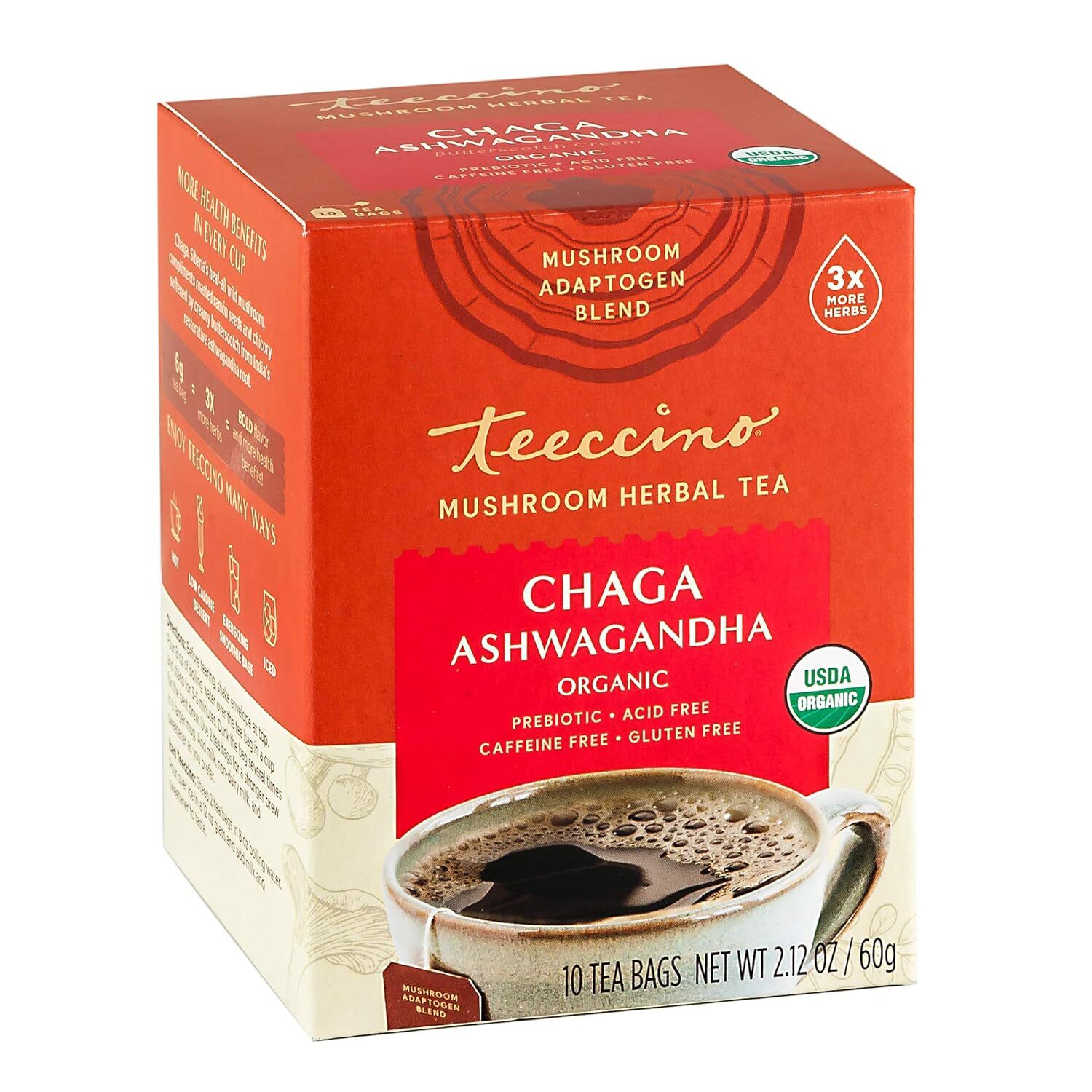 Teeccino Organic Chaga Ashwagandha Mushroom Herbal Tea 10 Bag