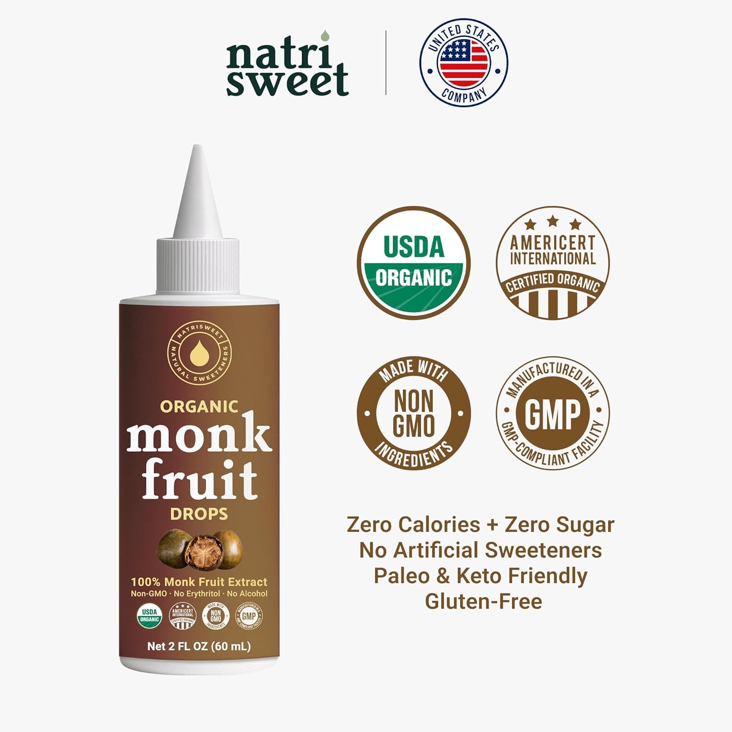 Organic Monk Fruit Liquid Drops Zero Sugar Pure Extract 2 fl oz 2-Pack