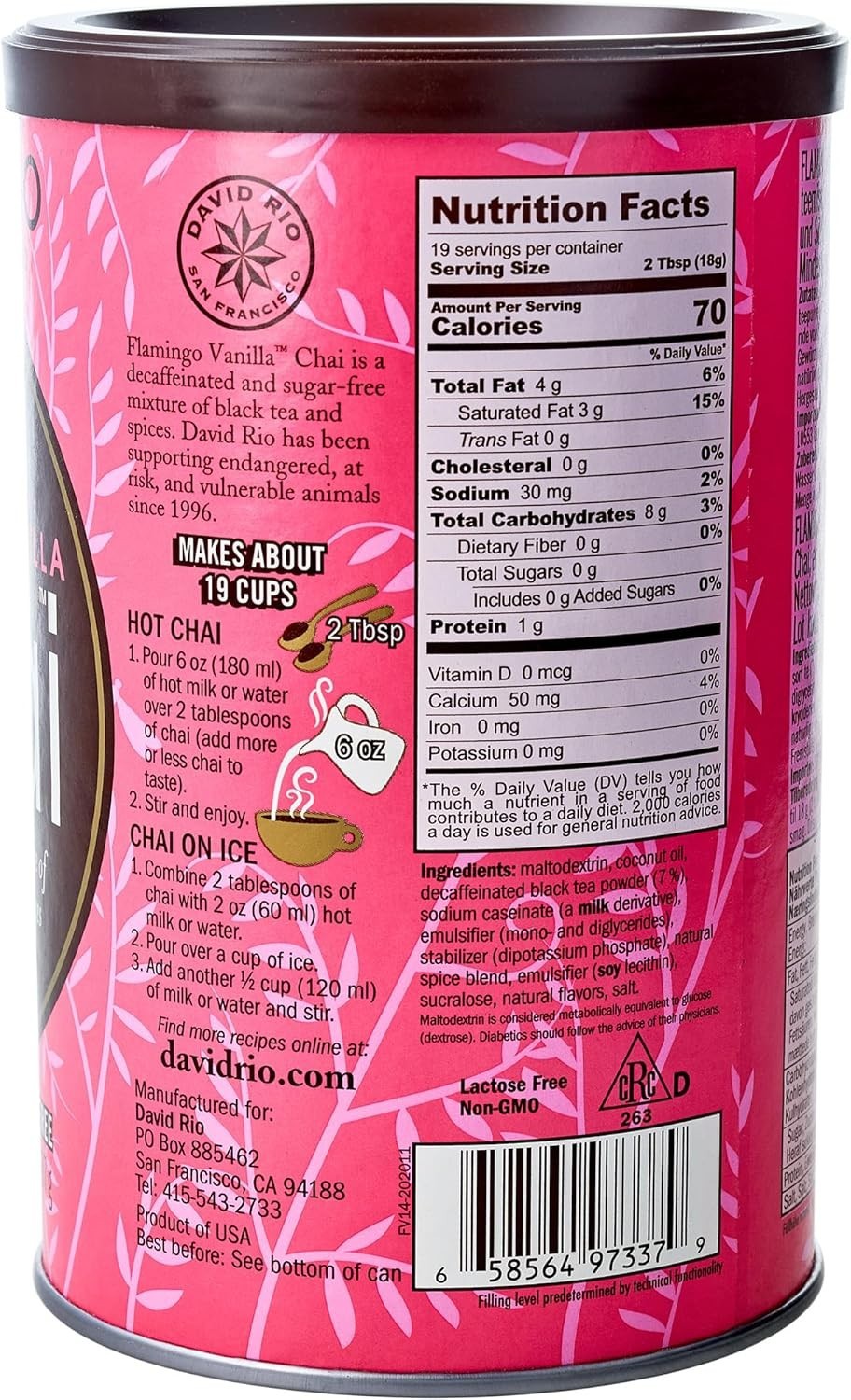 Flamingo Vanilla Decaf Chai Tea Latte Mix – Sugar Free & Organic, 11.9 Oz