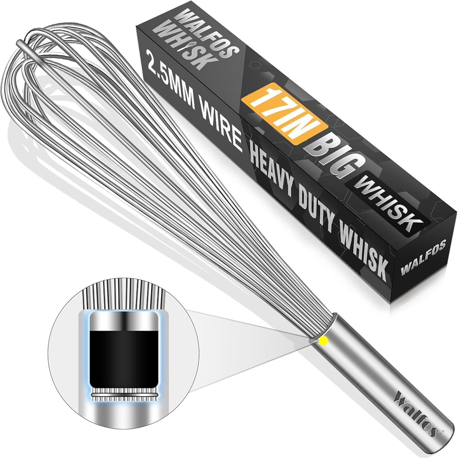 Walfos Whisk,17in Large Whisks, Heavy Duty Stainless Steel 17 in, Silver-1Pcs