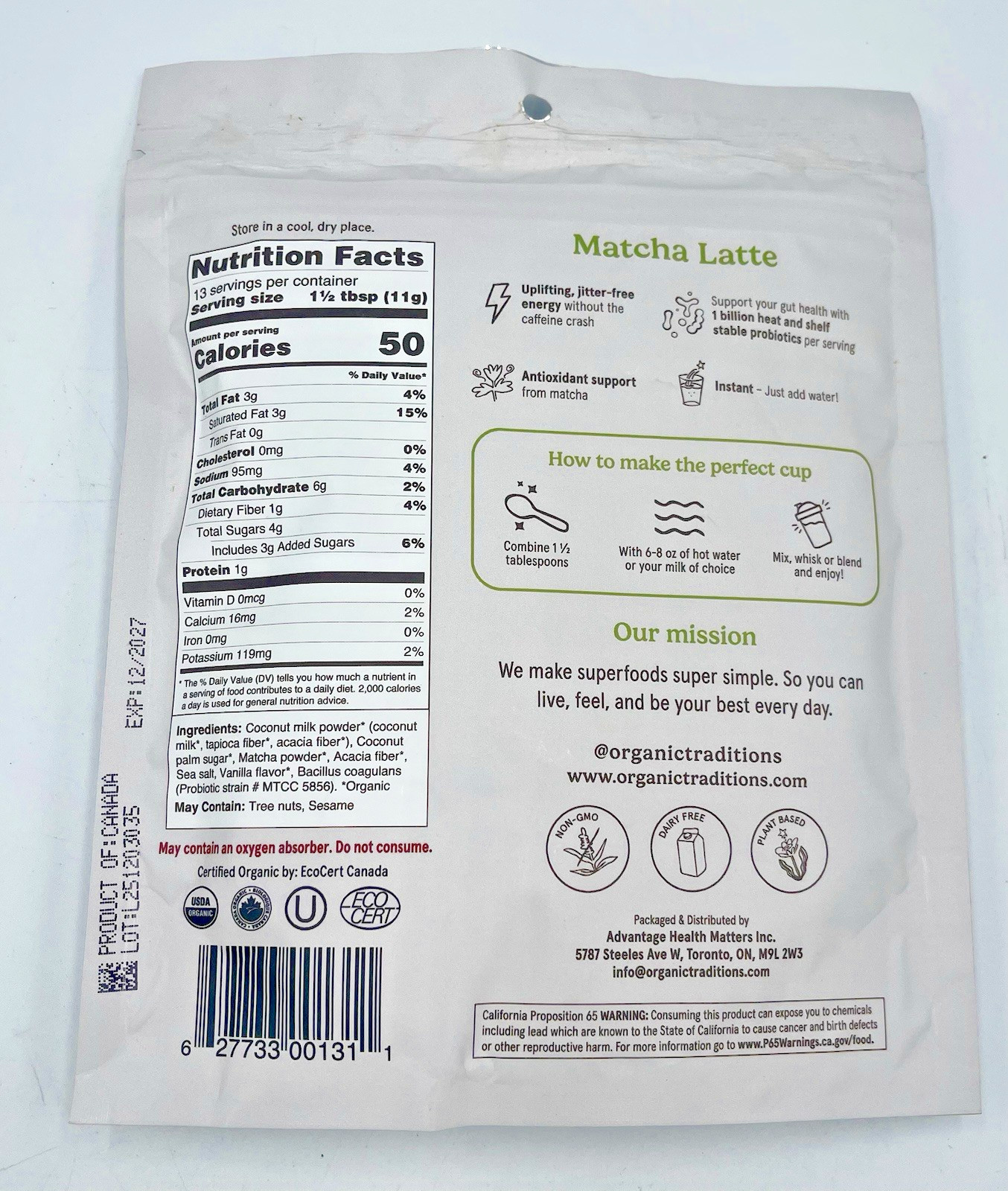 Lot of 2 Organic Traditions Matcha Latte Powder 5.3 oz Each Exp 12/27 Dairy-Free