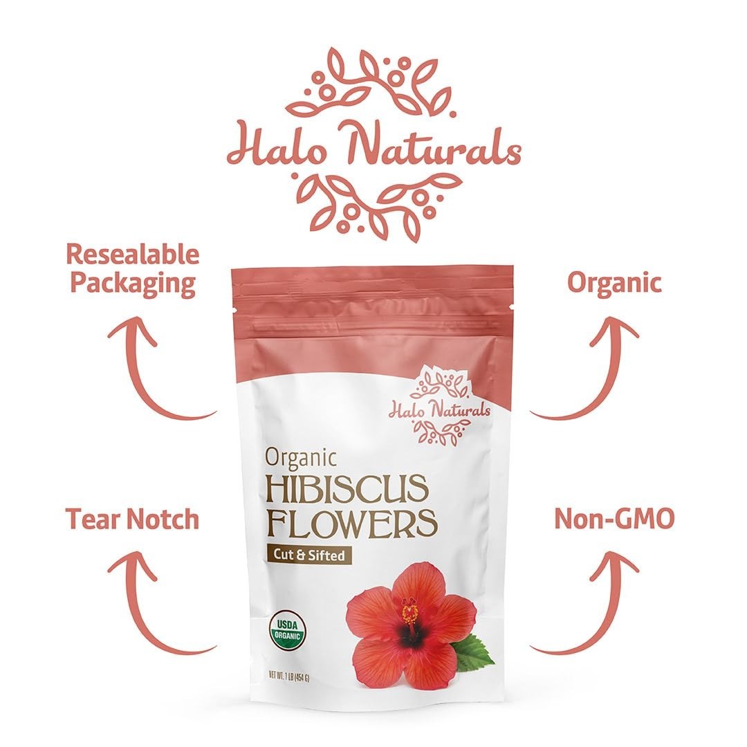 Organic Hibiscus Flowers Cut & Sifted 1 lb – USDA Certified, Resealable Pouch