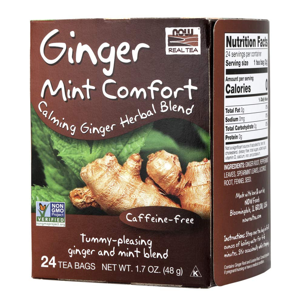 NOW Foods Give a Tea Ginger Mint Comfort Tea, Caffeine-Free, Calming, 24-Count