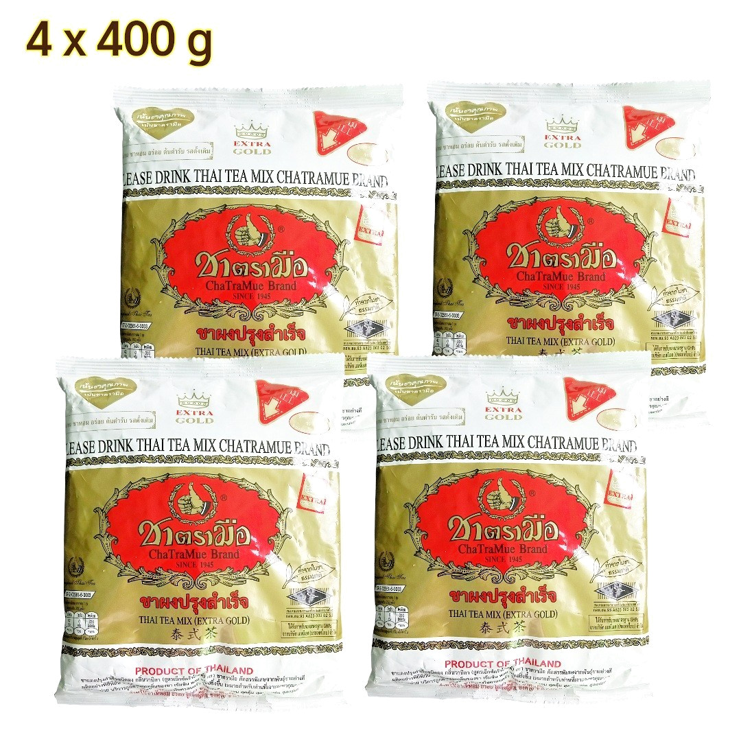 ChaTraMue Thai Tea Mix Powder Extra Gold 14.1 oz (400 g) Bag, Pack of 4【US DDP】