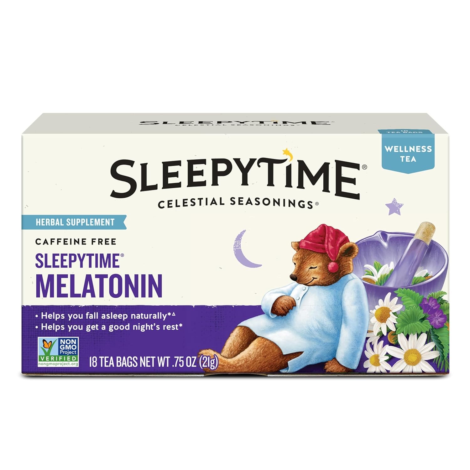 Celestial Seasonings Sleepytime Wellness Tea Plus Melatonin- 18 Tea Bags Box