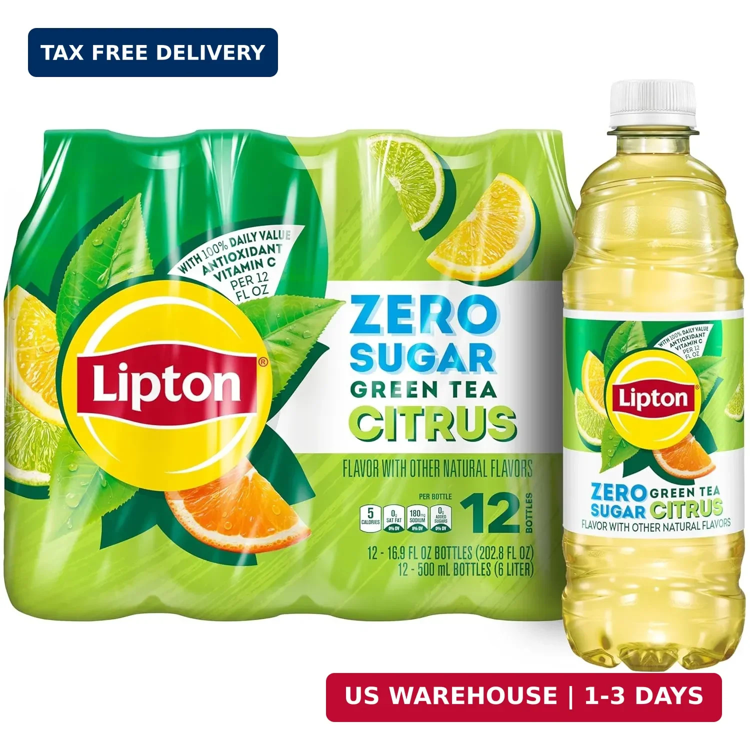 Lipton Zero Sugar Iced Tea, Green Tea Citrus, 16.9 fl oz Bottles, (12 Pack), 100