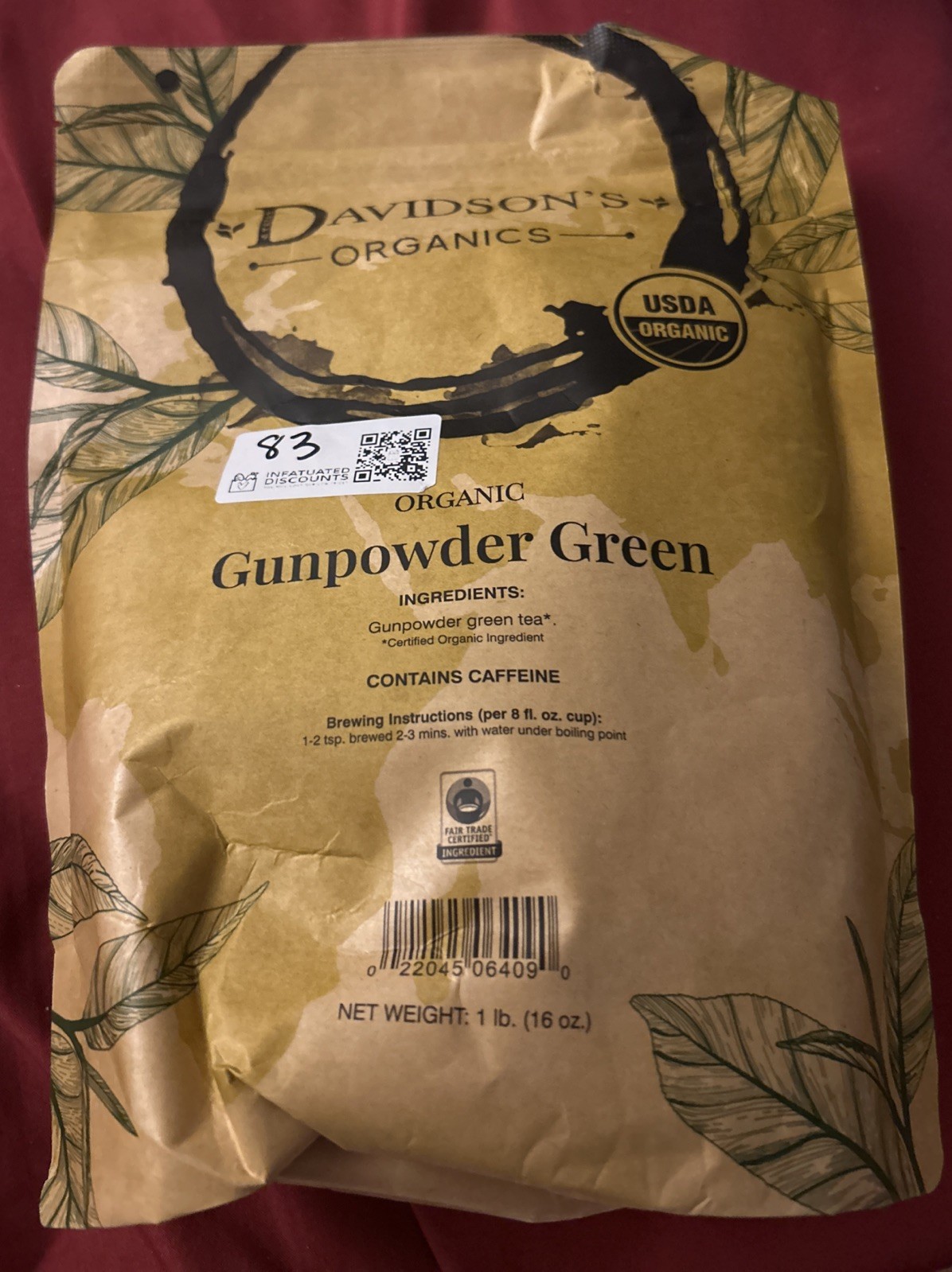 Davidson’s Organics, Gunpowder Green, Loose Leaf Tea, 16-Ounce Bag Exp. 4/15/27