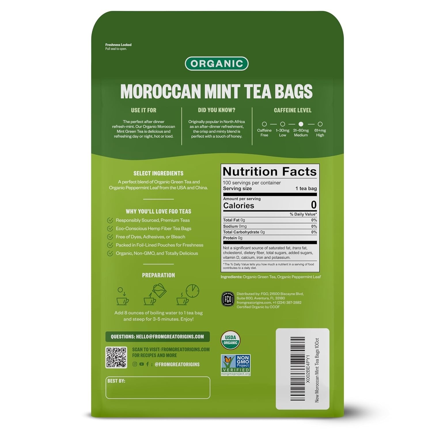 Organic Mint Green Tea Bags – 100 Count, Convenient Resealable Kraft Packaging