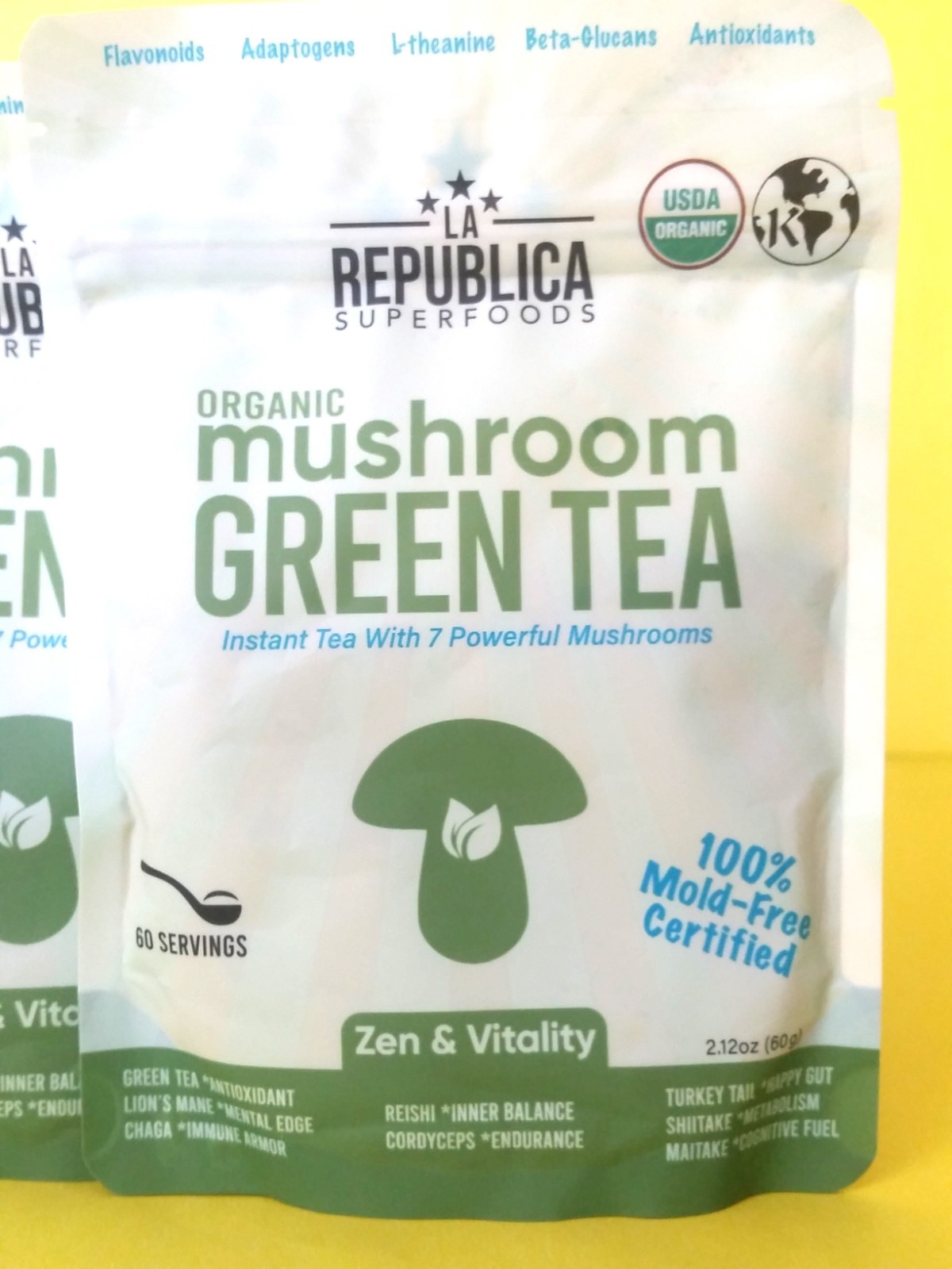 X3) LA REPUBLICA SUPERFOODS Organic Mushroom Green Tea 60 SERVINGS (2.12 OZ)