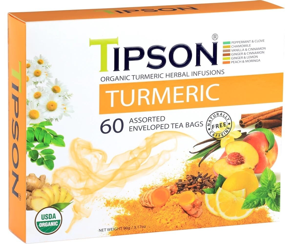 Tipson Organic TUMERIC Herbal Tea Infusions 60 Bags Assorted Sampler 6 Flavors