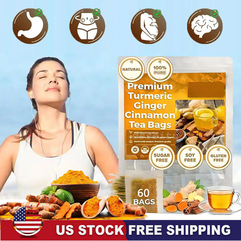 60Bags Turmeric Ginger Cinnamon Tea No Additive Support Brain Weight Sleep-Skin